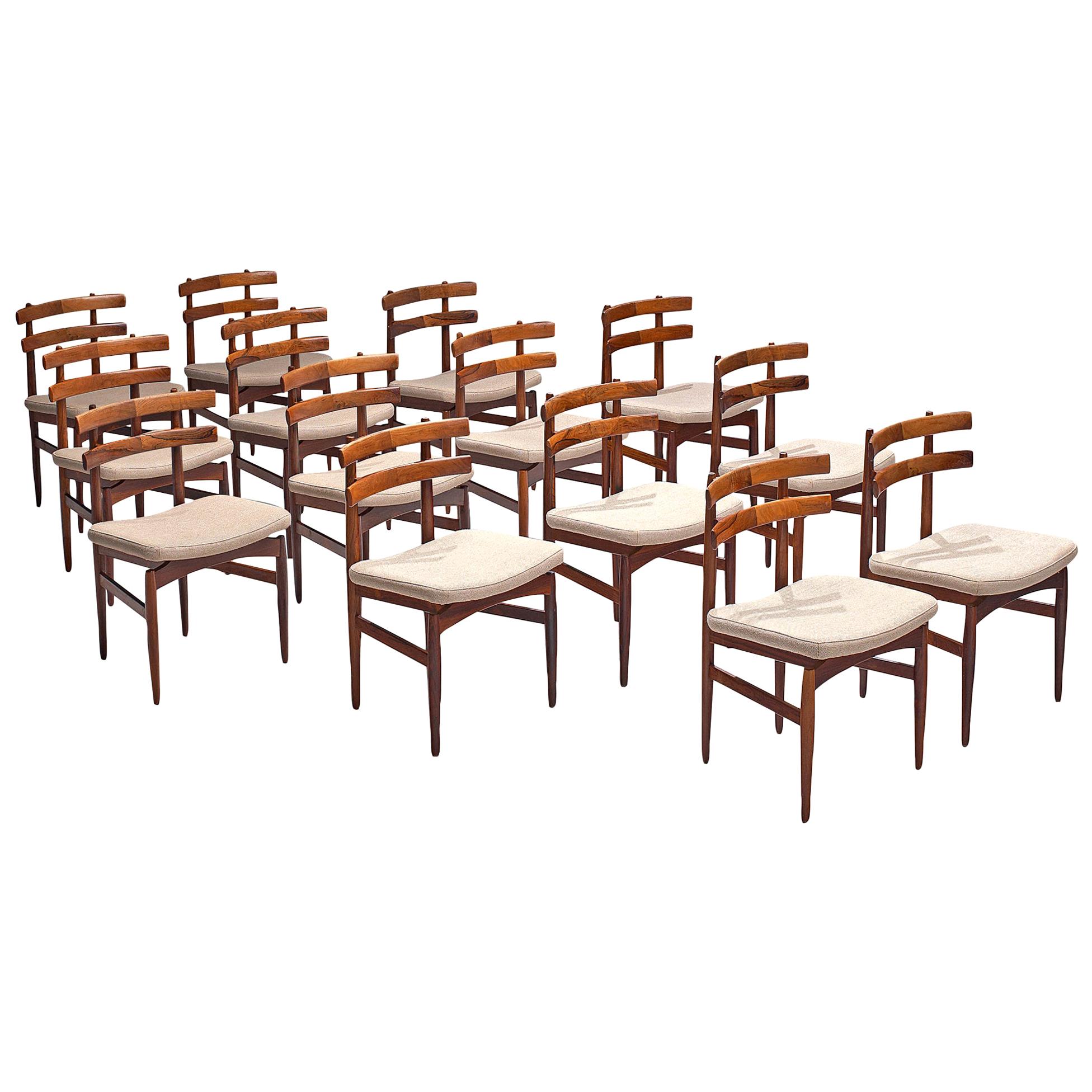 Poul Hundevad Large Set of Fourteen Dining Chairs in Rosewood, Denmark, 1960s