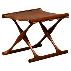 Poul Hundevad Ph43 Guldhøj Stool in Teak and Brown Leather, Denmark, 1950s