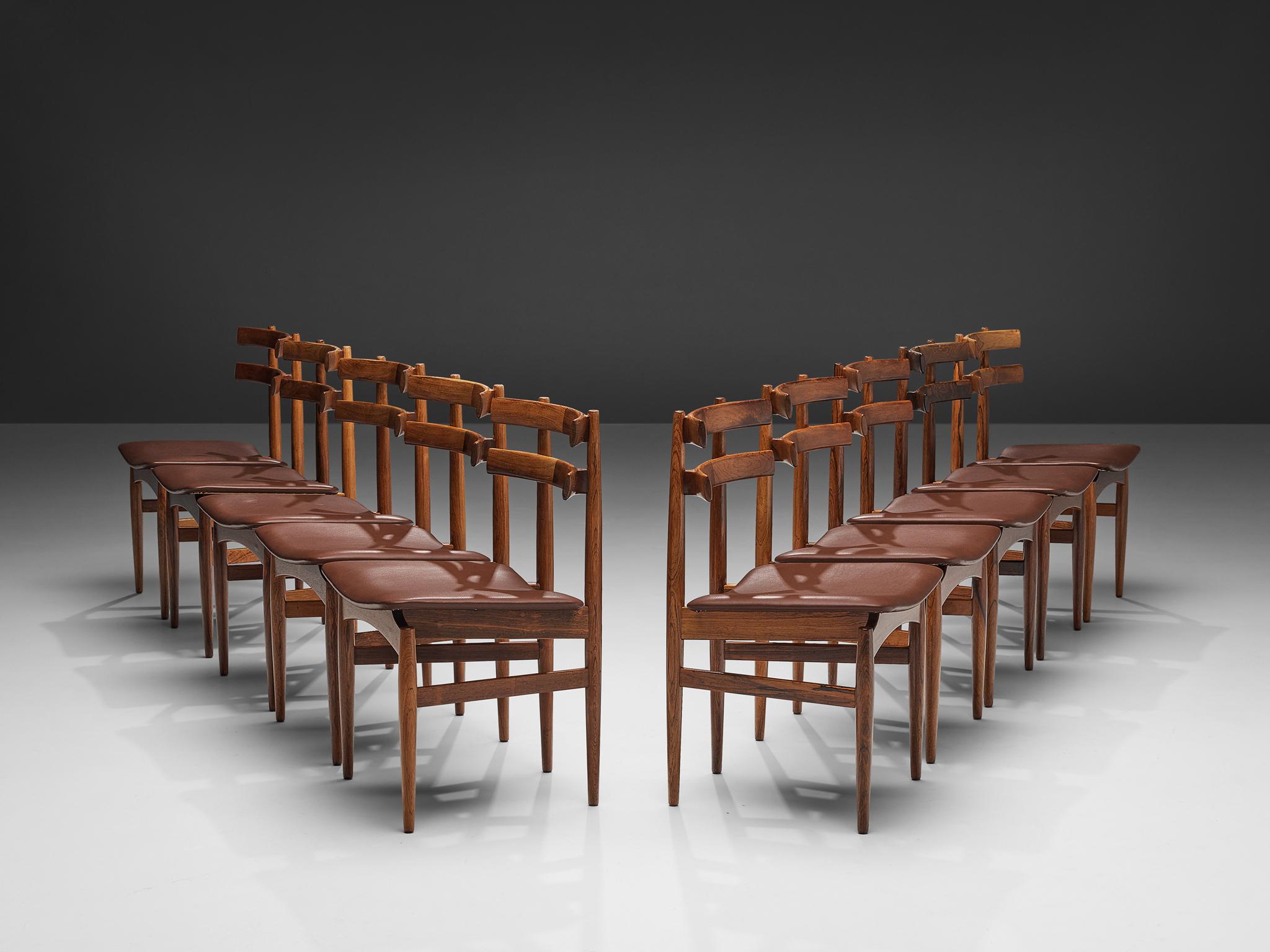 Leather Poul Hundevad Set of Ten Dining Chairs Model 30 in Rosewood