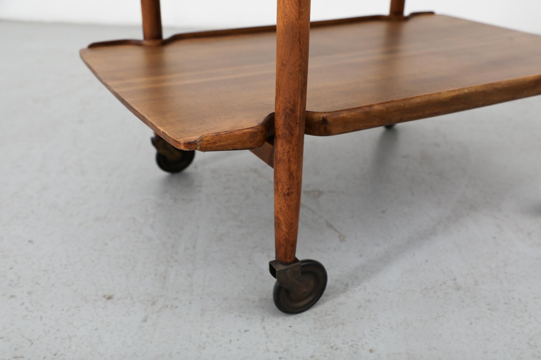 Poul Hundevad Style Danish Two Tiered Rolling Serving Cart with Organic Carvings For Sale 4