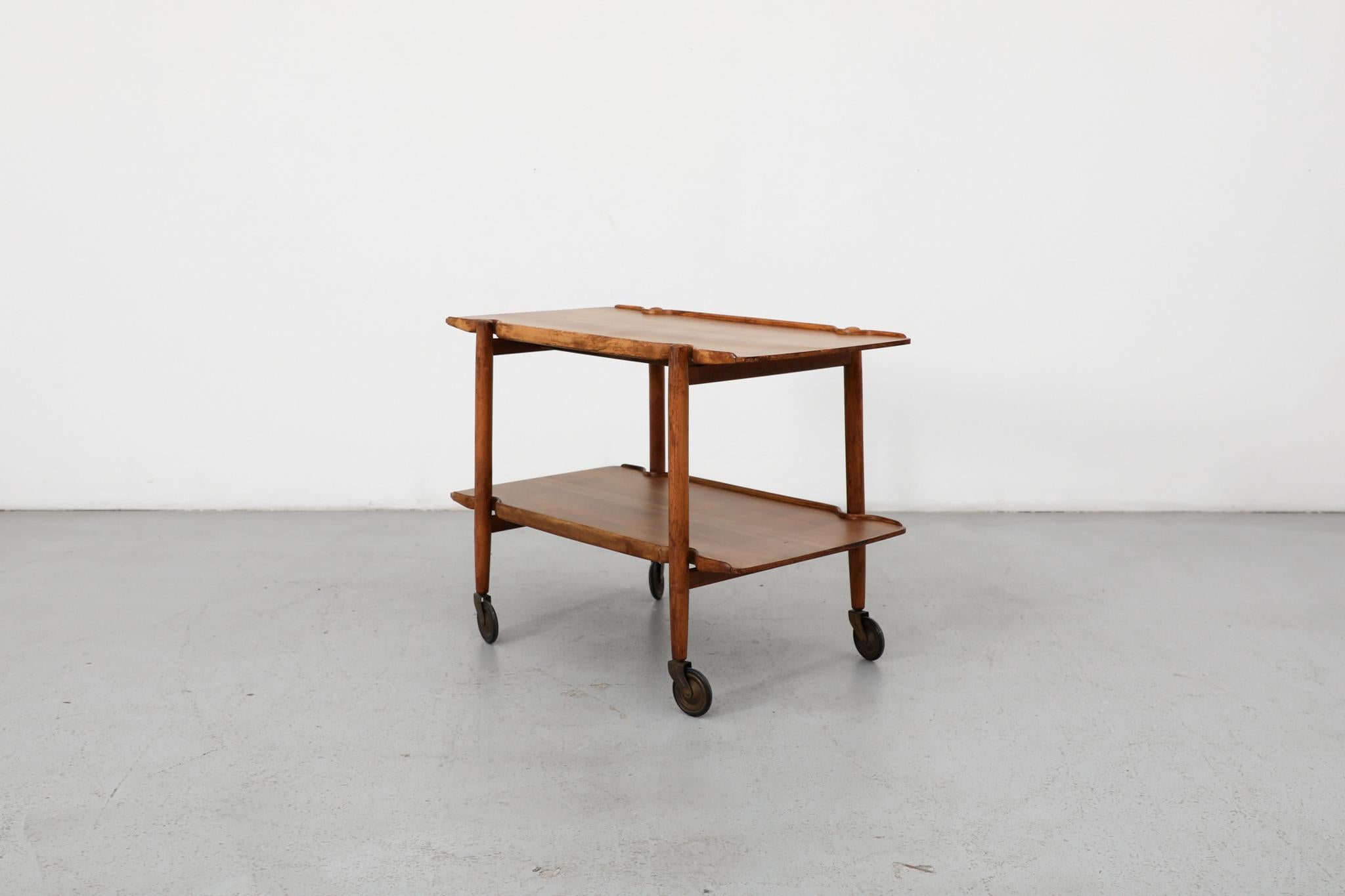 Mid-Century Modern Poul Hundevad Style Danish Two Tiered Rolling Serving Cart with Organic Carvings For Sale