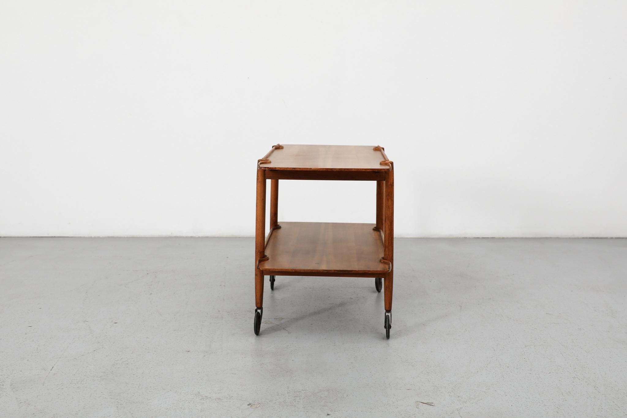 Poul Hundevad Style Danish Two Tiered Rolling Serving Cart with Organic Carvings In Good Condition For Sale In Los Angeles, CA