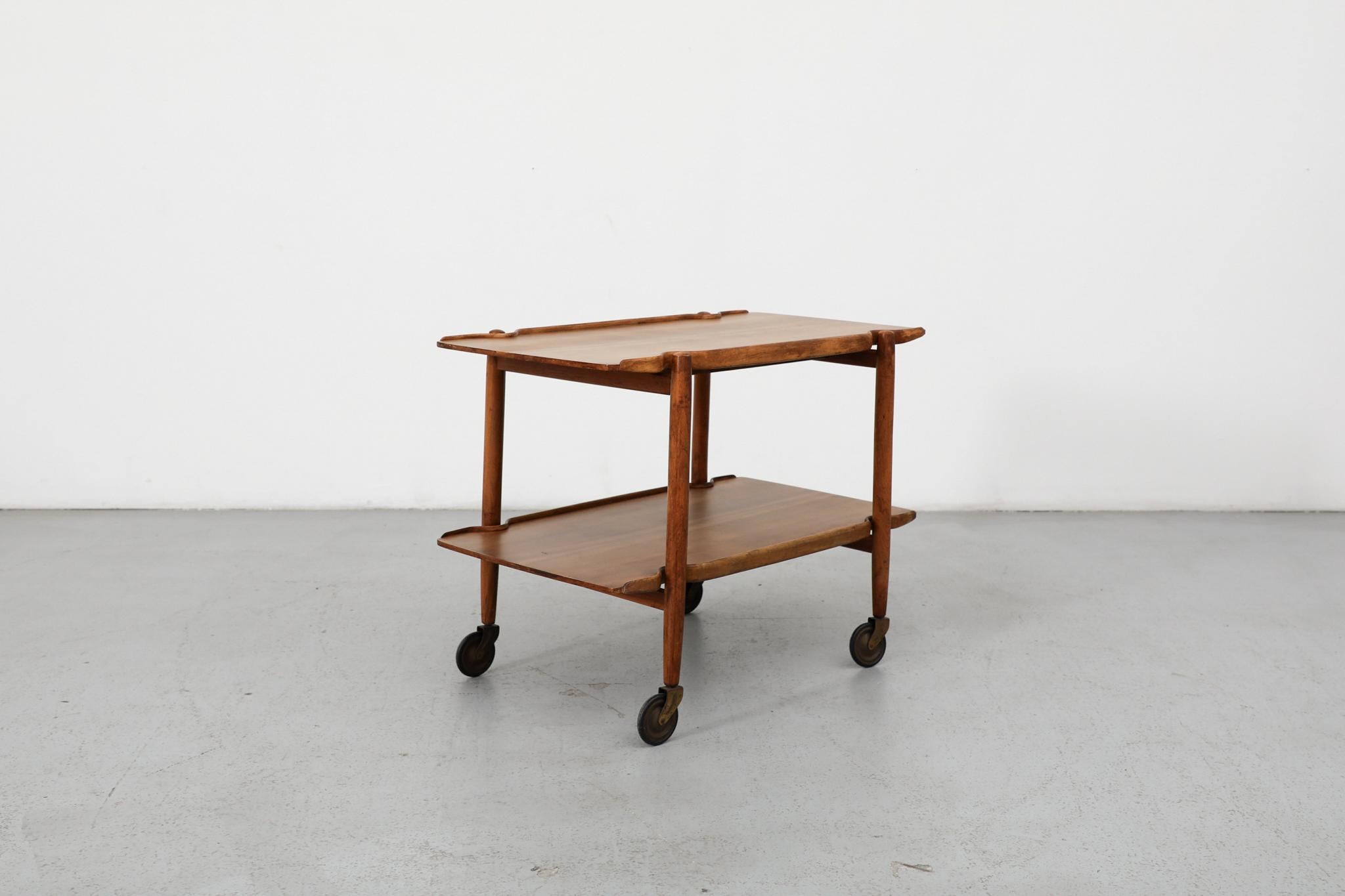 Mid-20th Century Poul Hundevad Style Danish Two Tiered Rolling Serving Cart with Organic Carvings For Sale