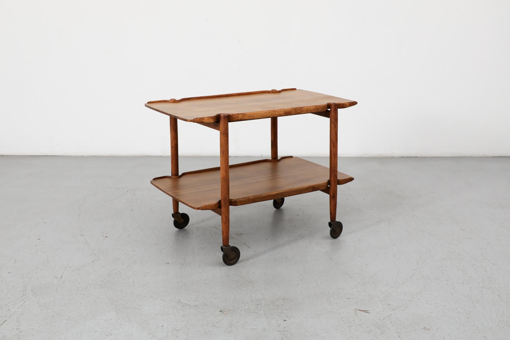 Teak Poul Hundevad Style Danish Two Tiered Rolling Serving Cart with Organic Carvings For Sale