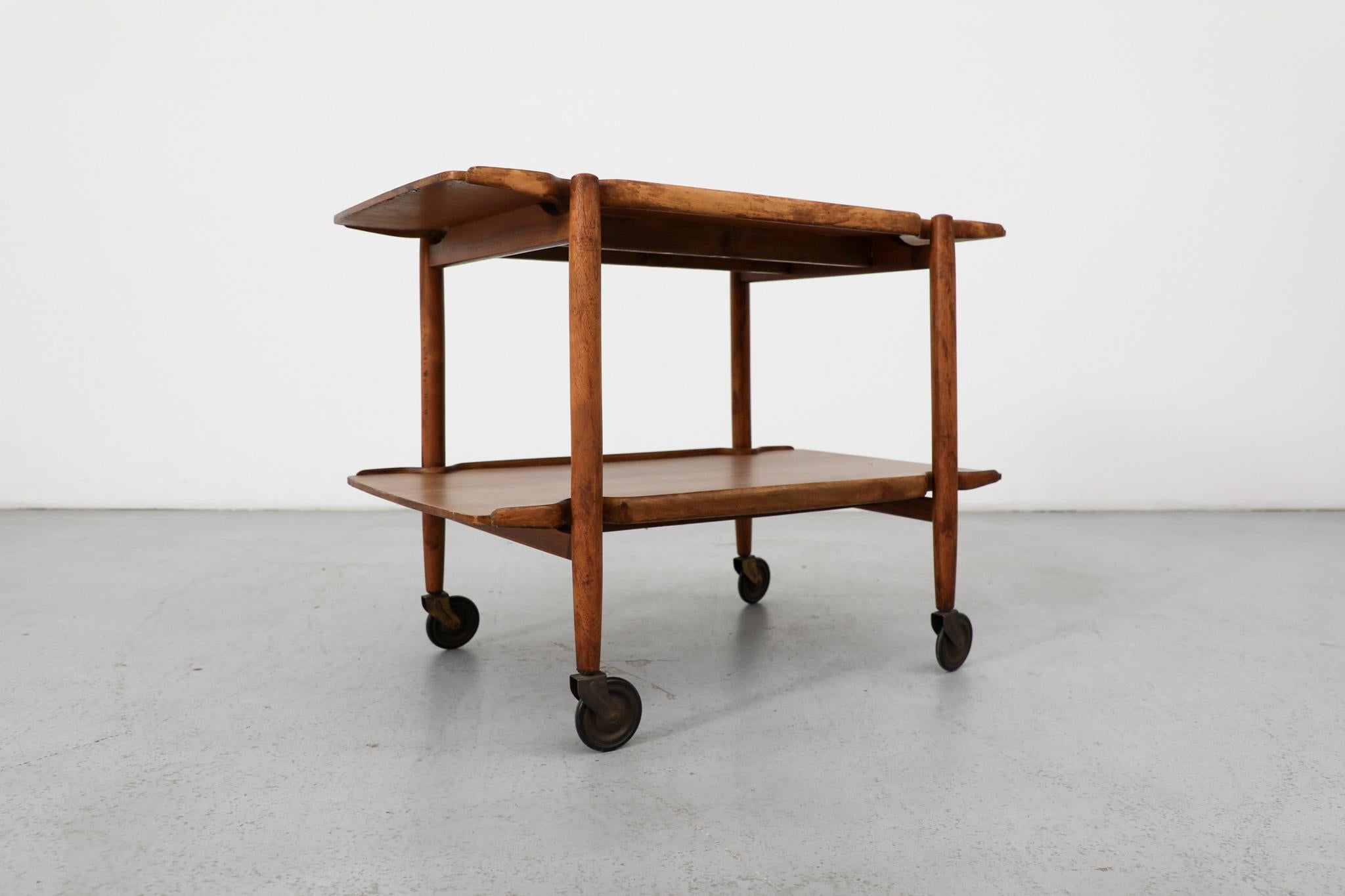 Poul Hundevad Style Danish Two Tiered Rolling Serving Cart with Organic Carvings For Sale 1