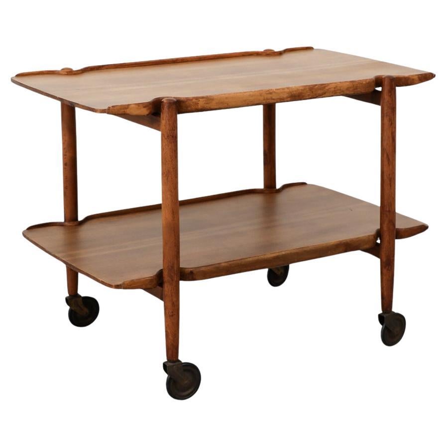 Poul Hundevad Style Danish Two Tiered Rolling Serving Cart with Organic Carvings For Sale