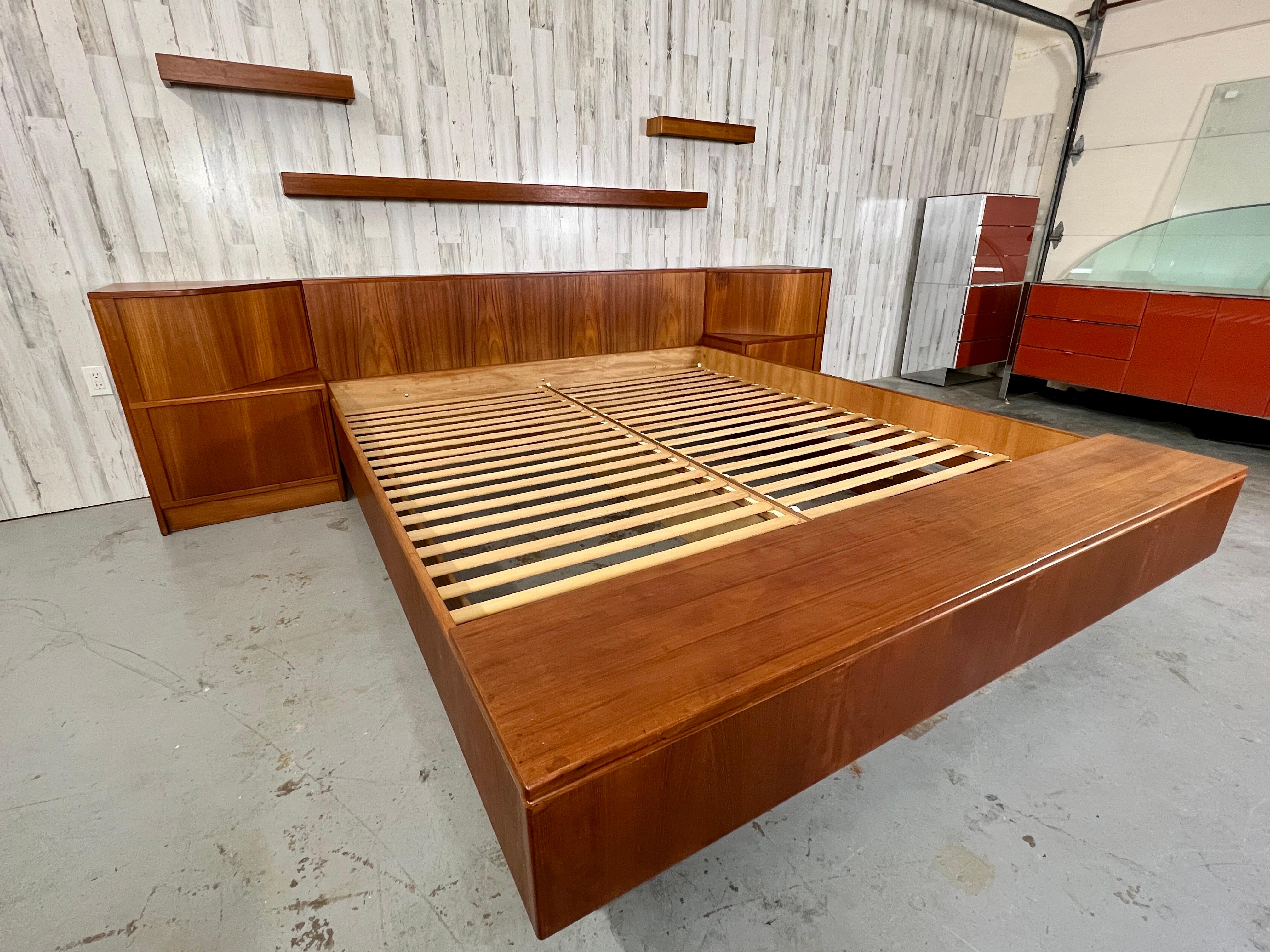 Mid-Century Modern Poul Hundevad Teak Platform Bed with Tambour Door Nightstands