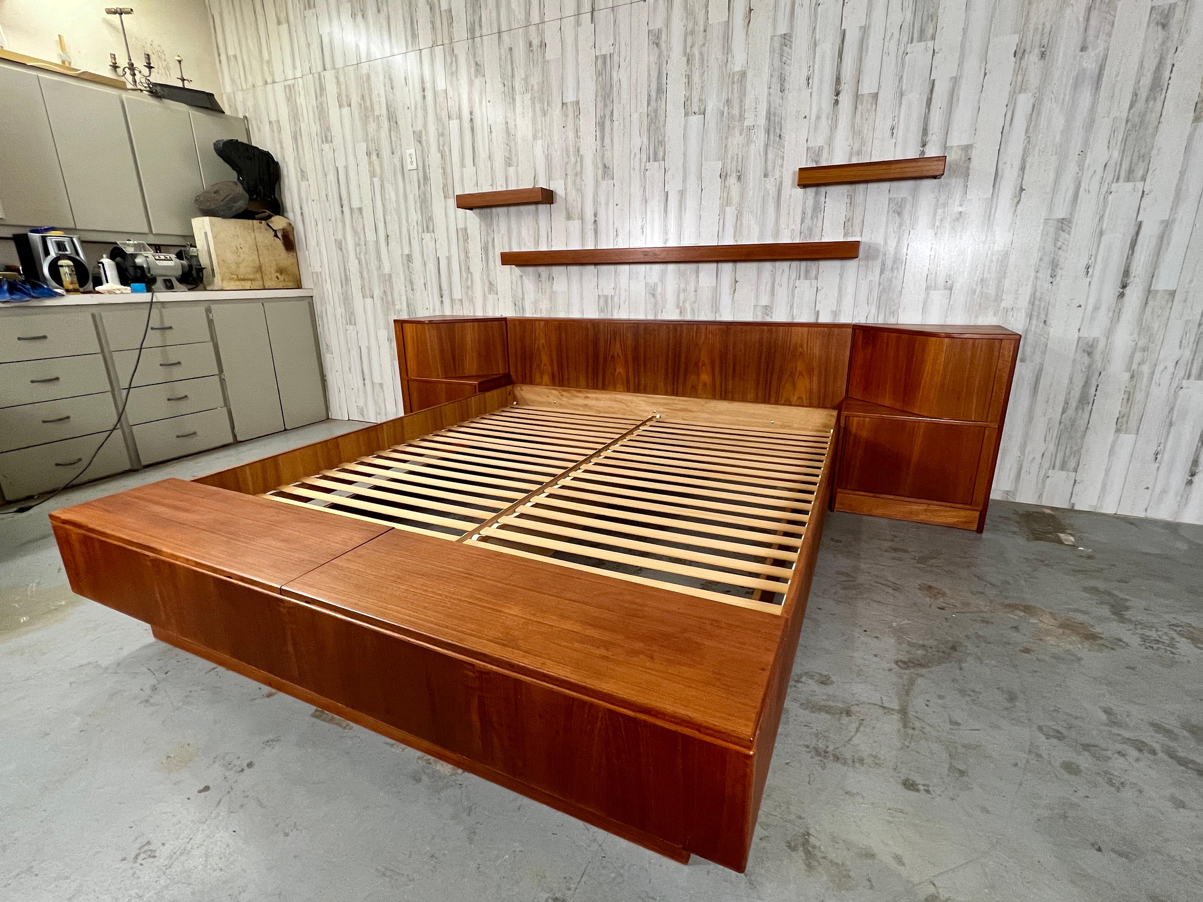 Danish Poul Hundevad Teak Platform Bed with Tambour Door Nightstands