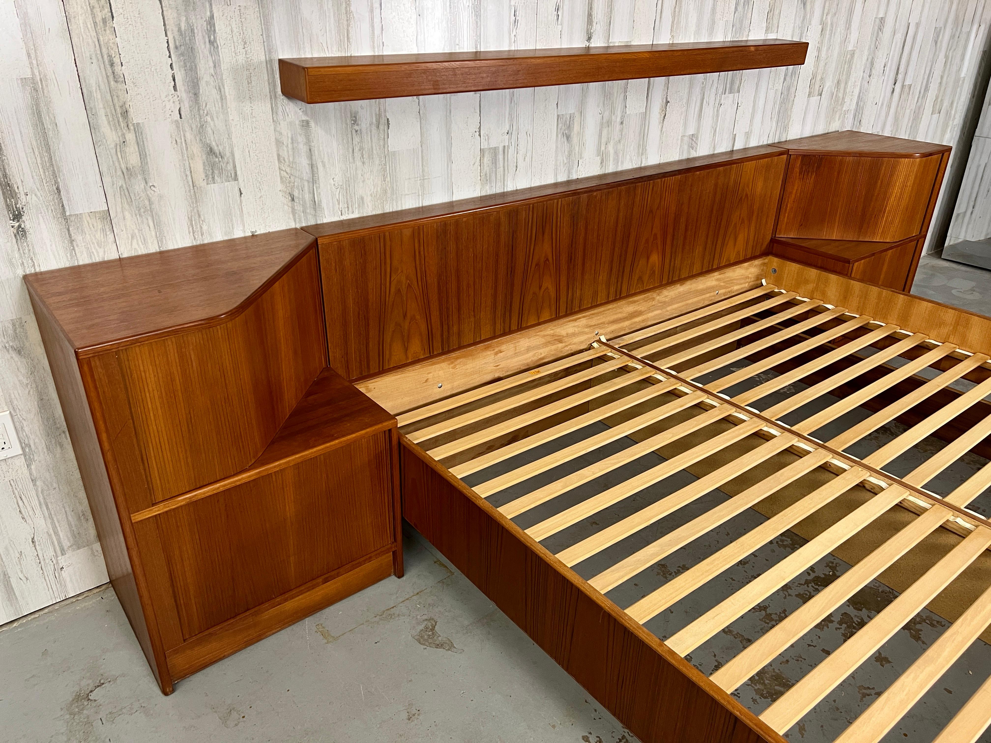 20th Century Poul Hundevad Teak Platform Bed with Tambour Door Nightstands
