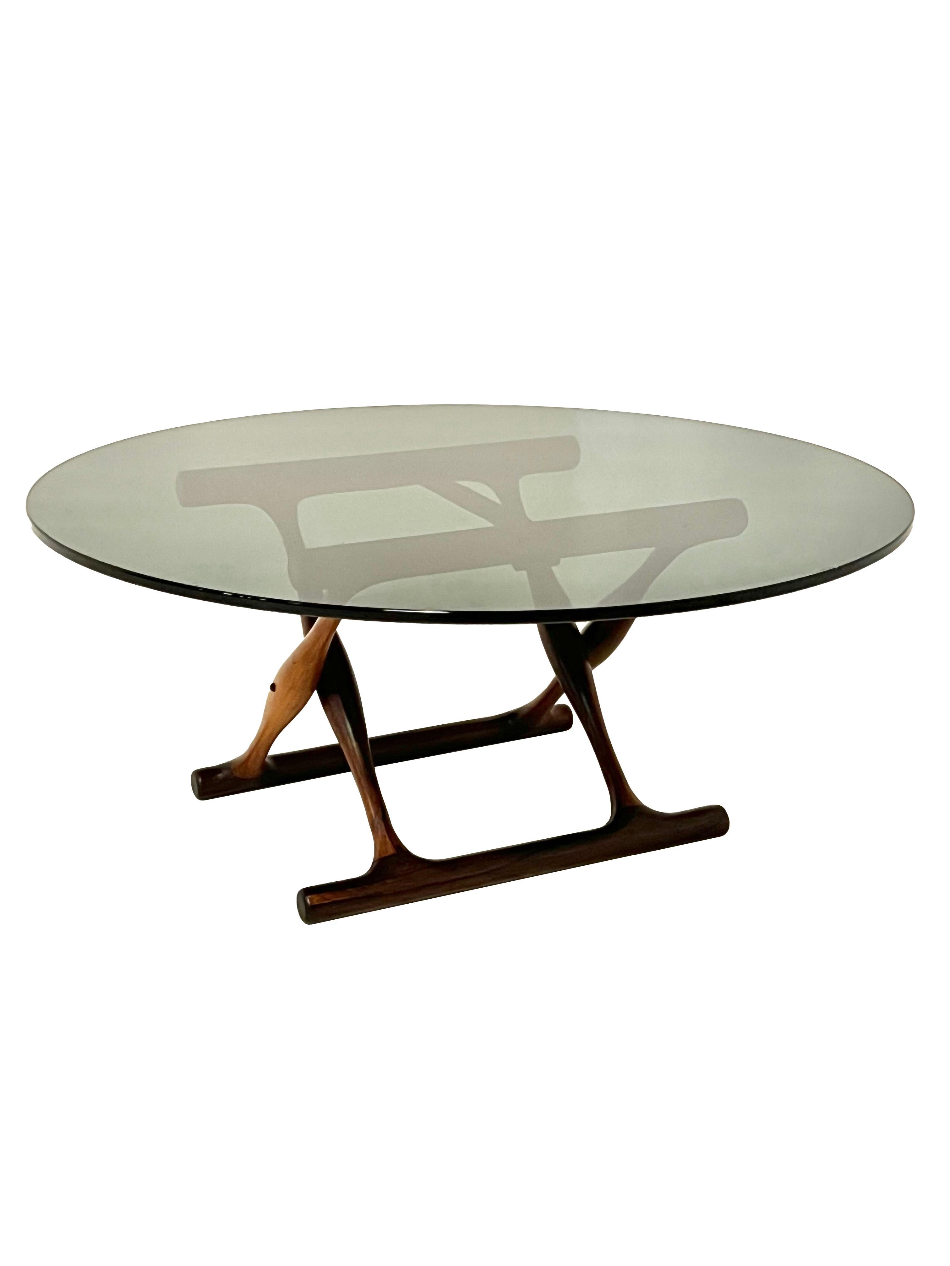 Scandinavian Modern Poul Hundevad, Very Rare “Guldhoj-Table” in Rosewood and Smoked Glass