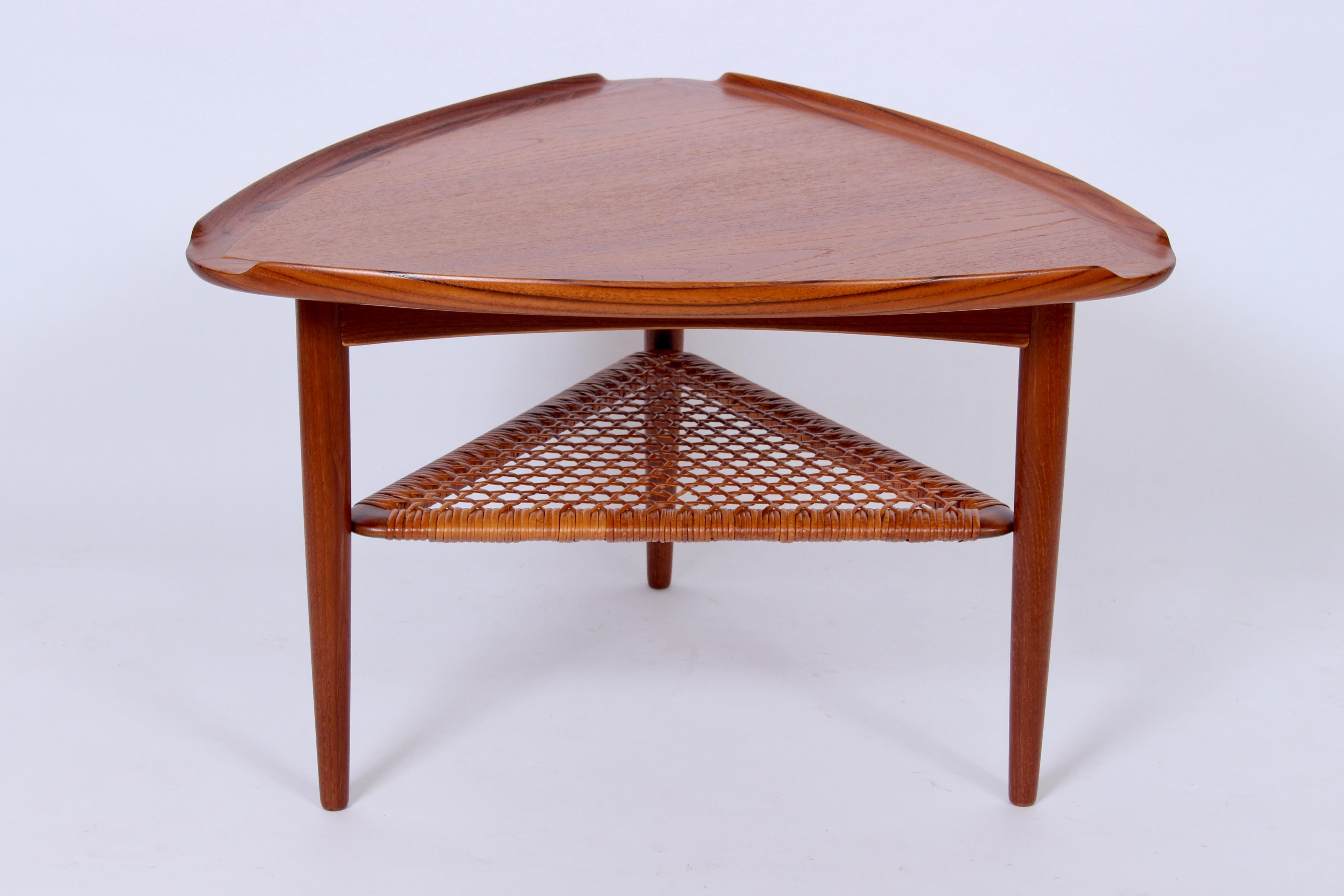 Poul Jensen for Selig Teak Tripod Table with Woven Cane Shelf, 1960's For Sale 8