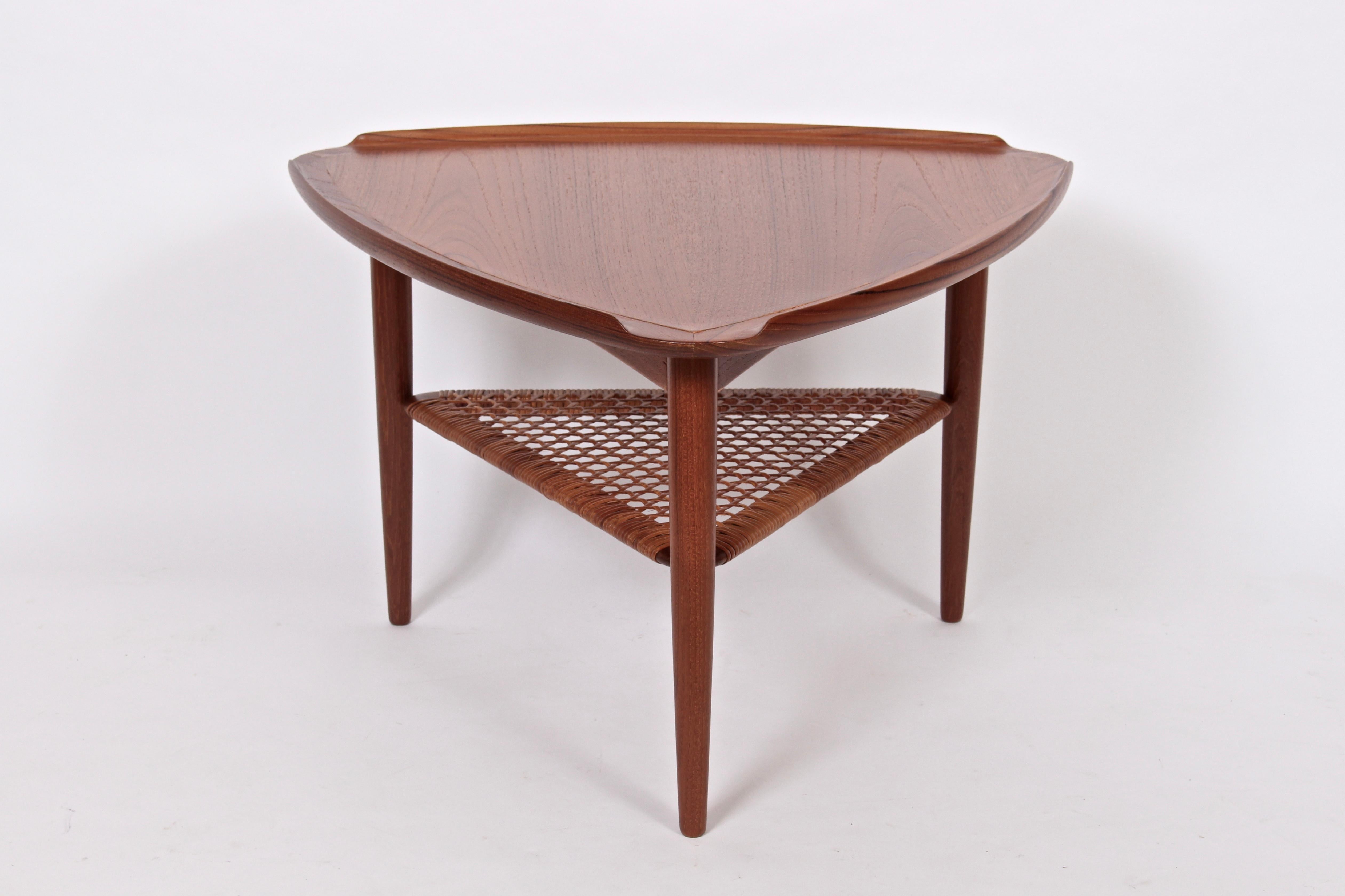 Poul Jensen for Selig Teak Tripod Table with Woven Cane Shelf, 1960's For Sale 9