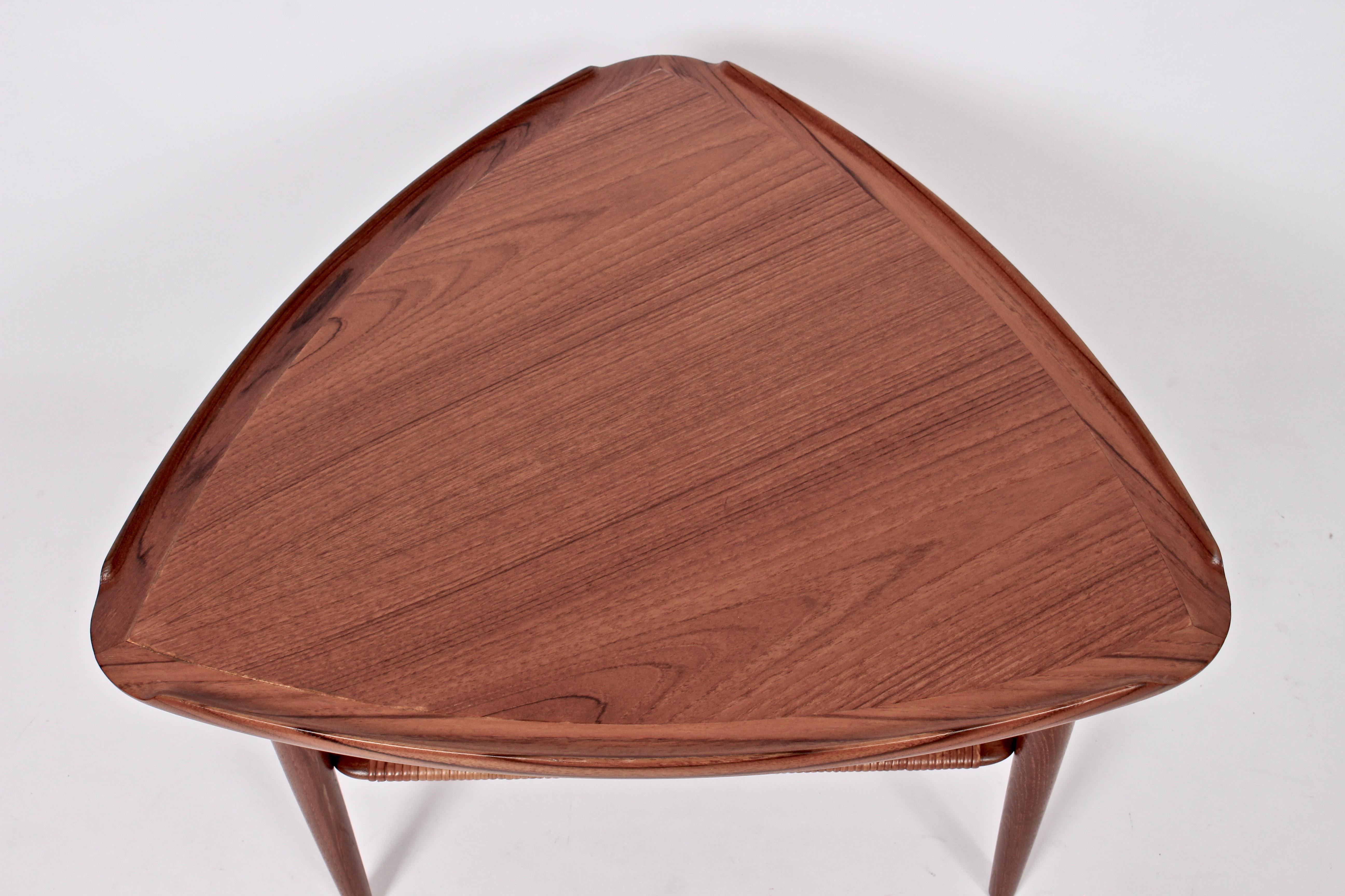 Danish Poul Jensen for Selig Teak Tripod Table with Woven Cane Shelf, 1960's For Sale