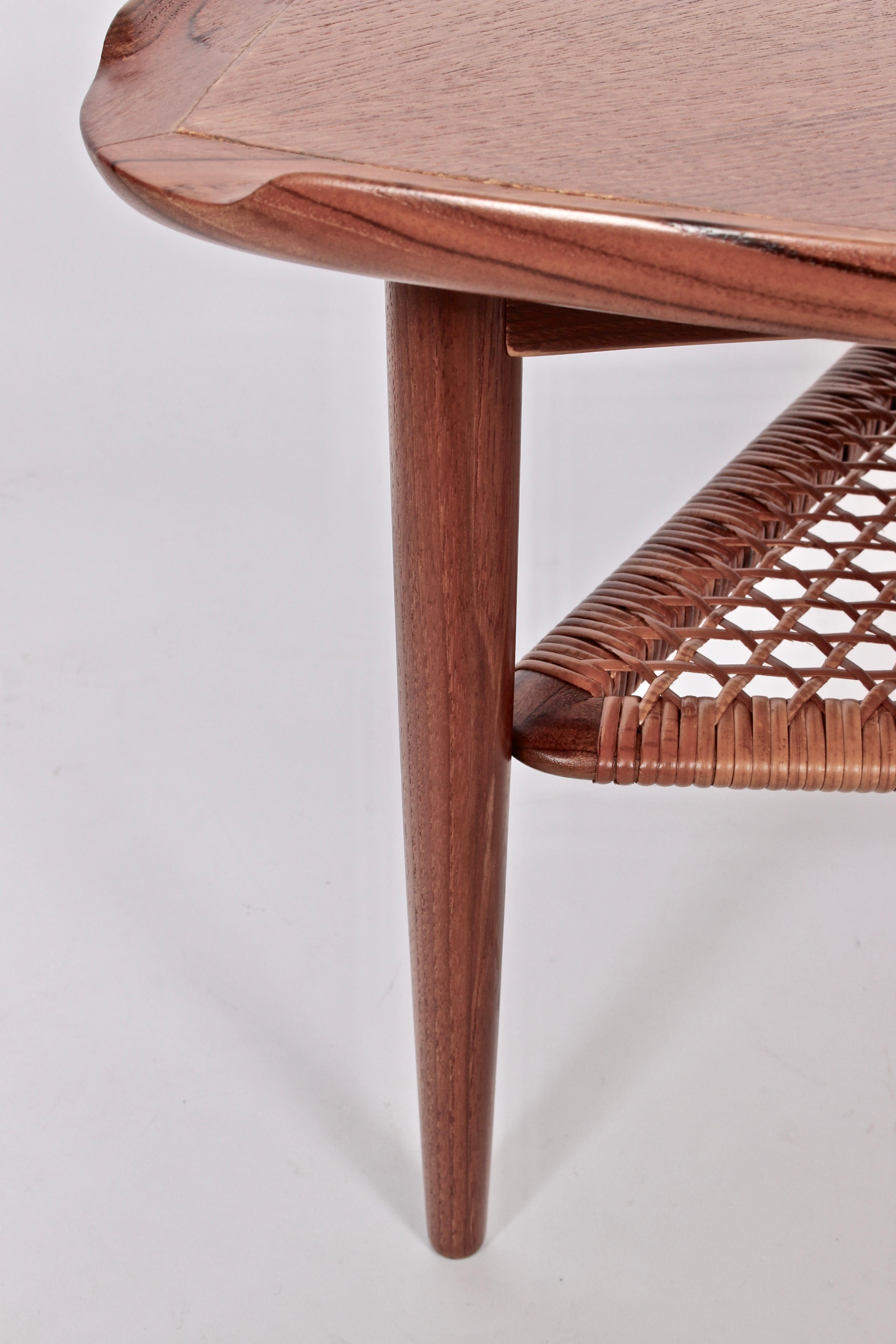 Mid-20th Century Poul Jensen for Selig Teak Tripod Table with Woven Cane Shelf, 1960's For Sale