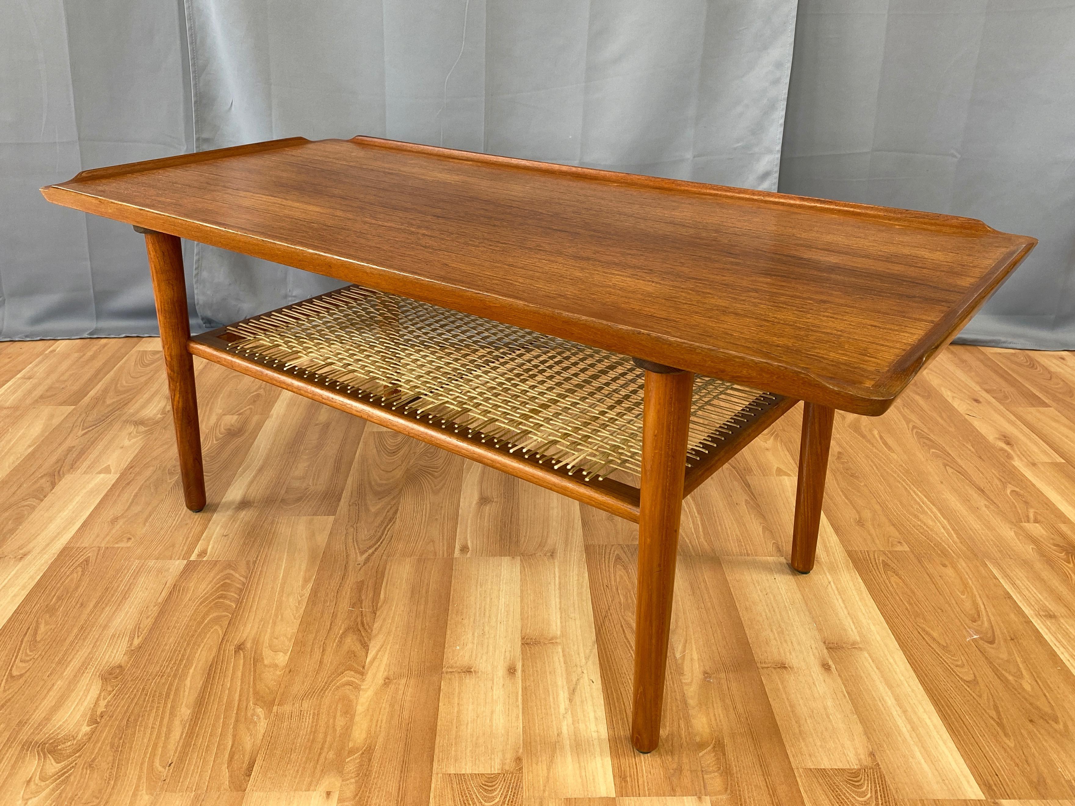 Scandinavian Modern Poul Jensen for Selig Teak & Rattan Two-Tier Danish Modern Cocktail Table, 1960s