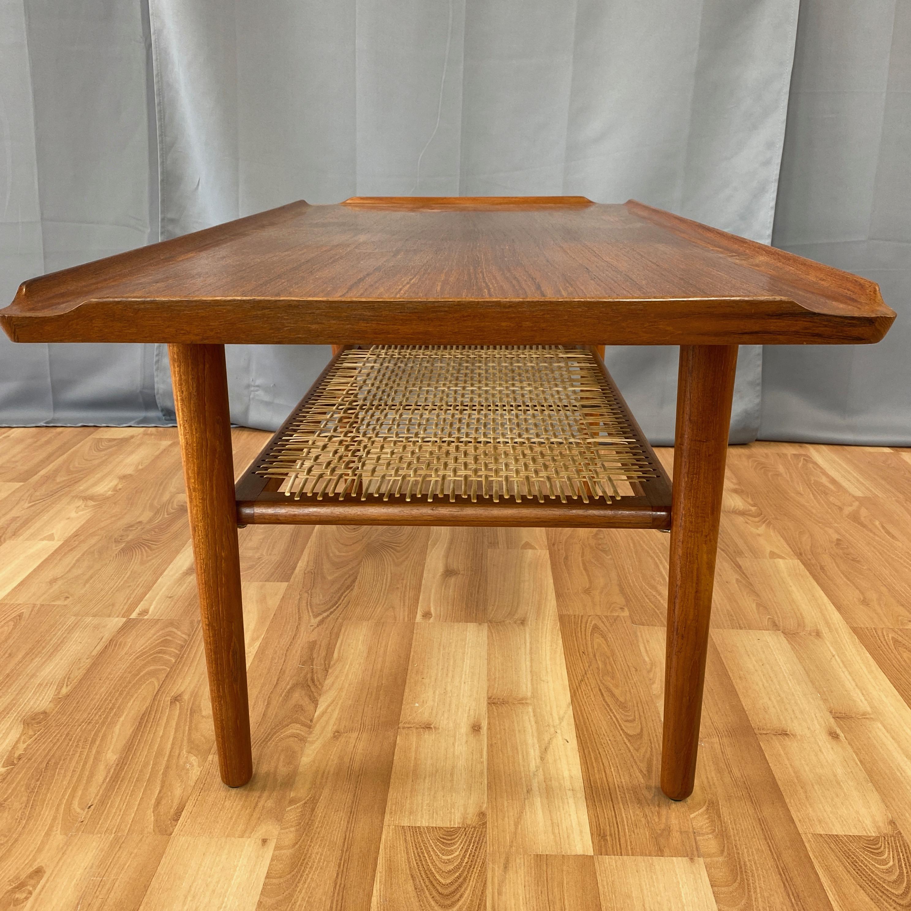 Hand-Woven Poul Jensen for Selig Teak & Rattan Two-Tier Danish Modern Cocktail Table, 1960s