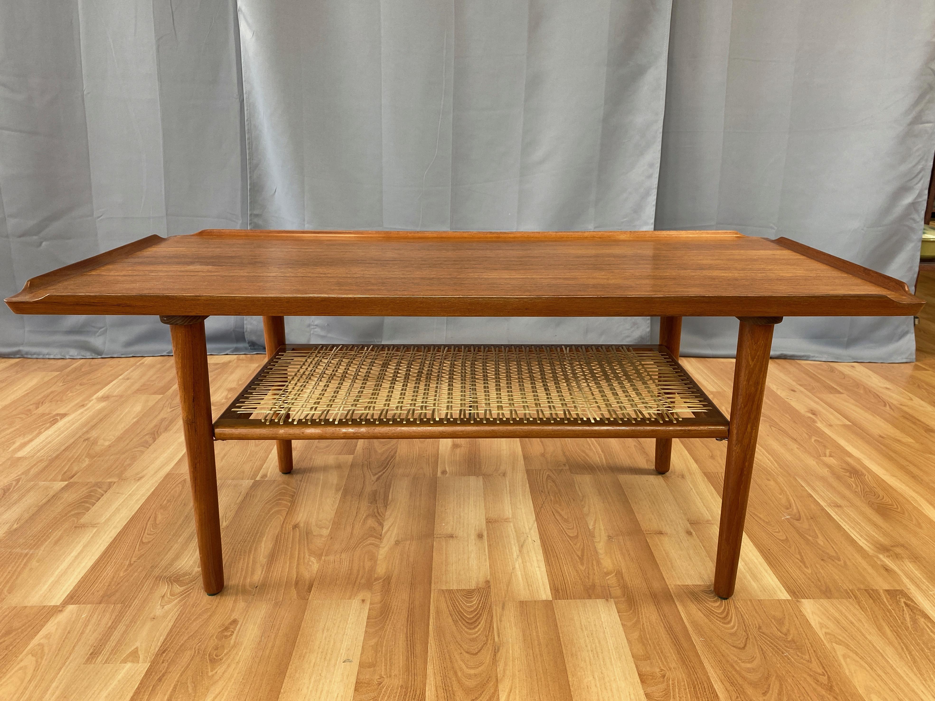 Mid-20th Century Poul Jensen for Selig Teak & Rattan Two-Tier Danish Modern Cocktail Table, 1960s