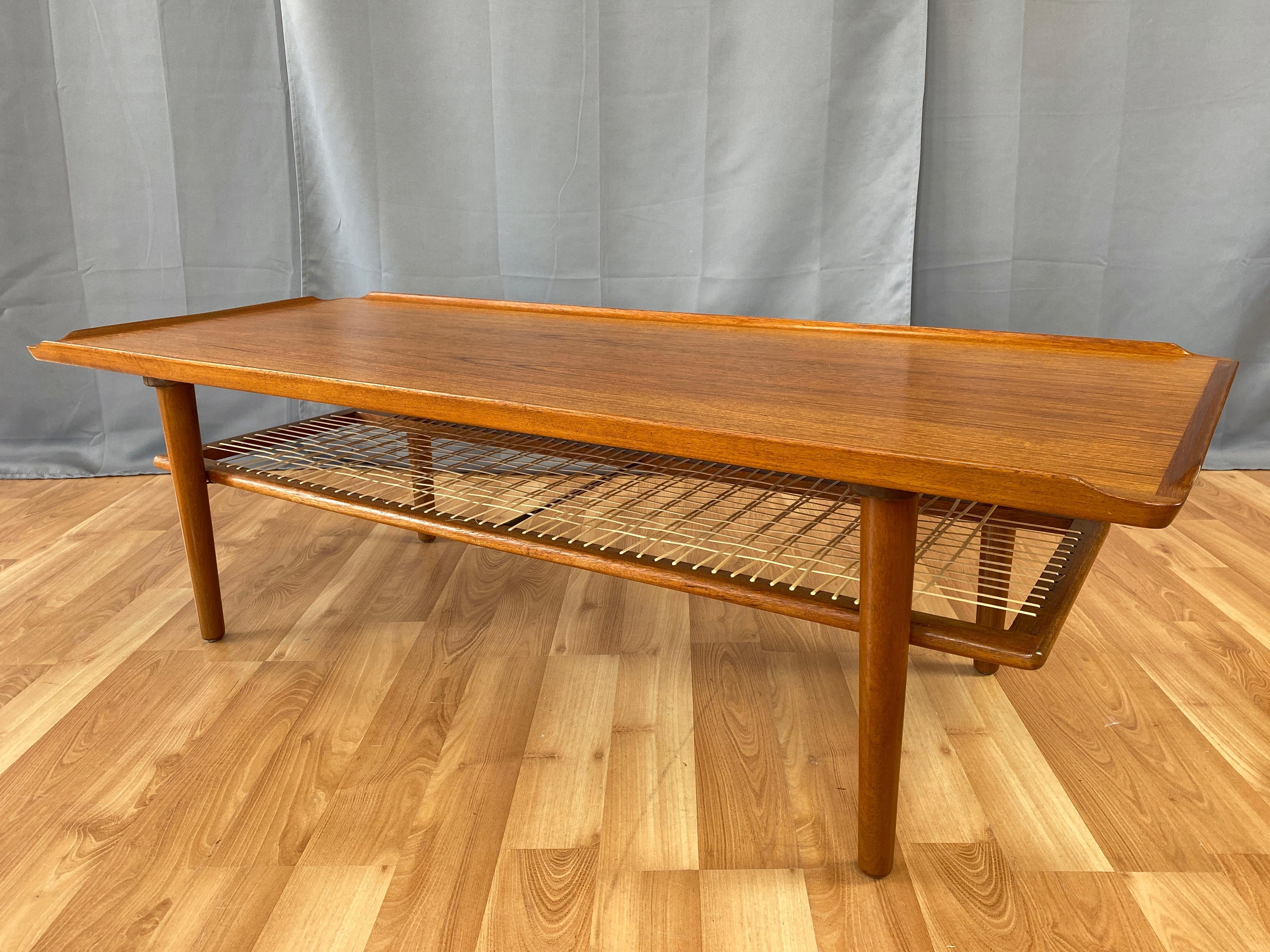 Hand-Woven Poul Jensen for Selig Teak & Rattan Two-Tier Danish Modern Coffee Table, 1960s