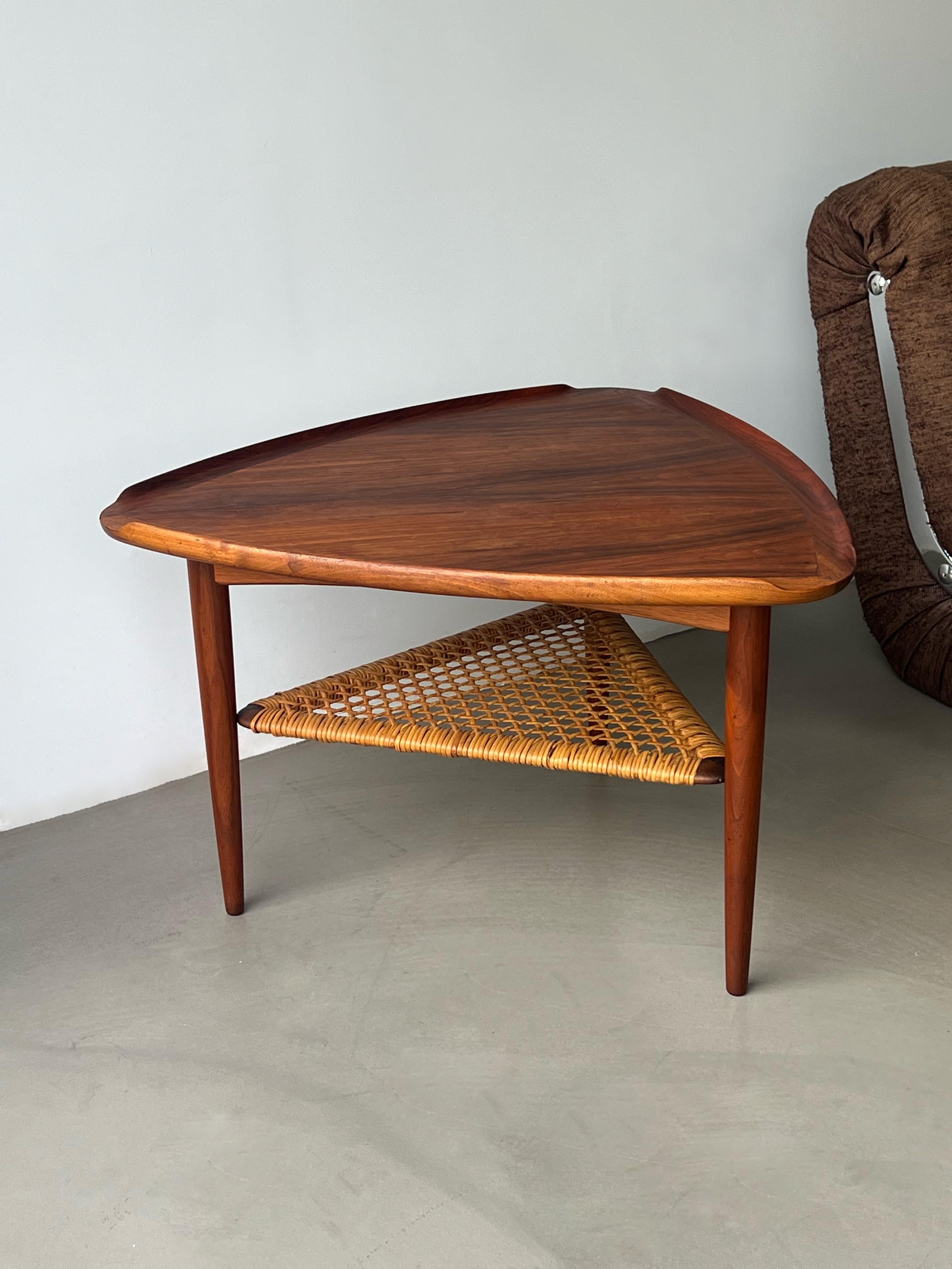 Mid-Century Modern Poul Jensen for Selig Teak Woven Cane 'Guitar Pick' Table