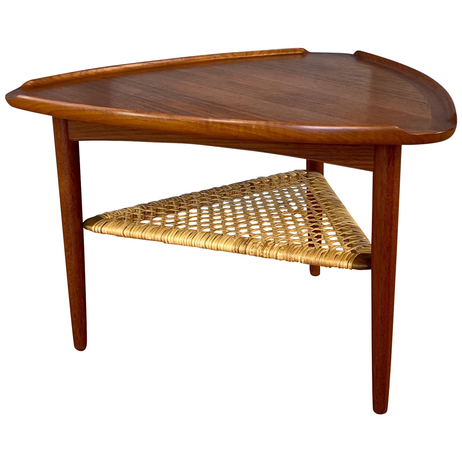 Poul Jensen for Selig Triangular Teak and Woven Cane "Guitar Pick" Table, 1960s