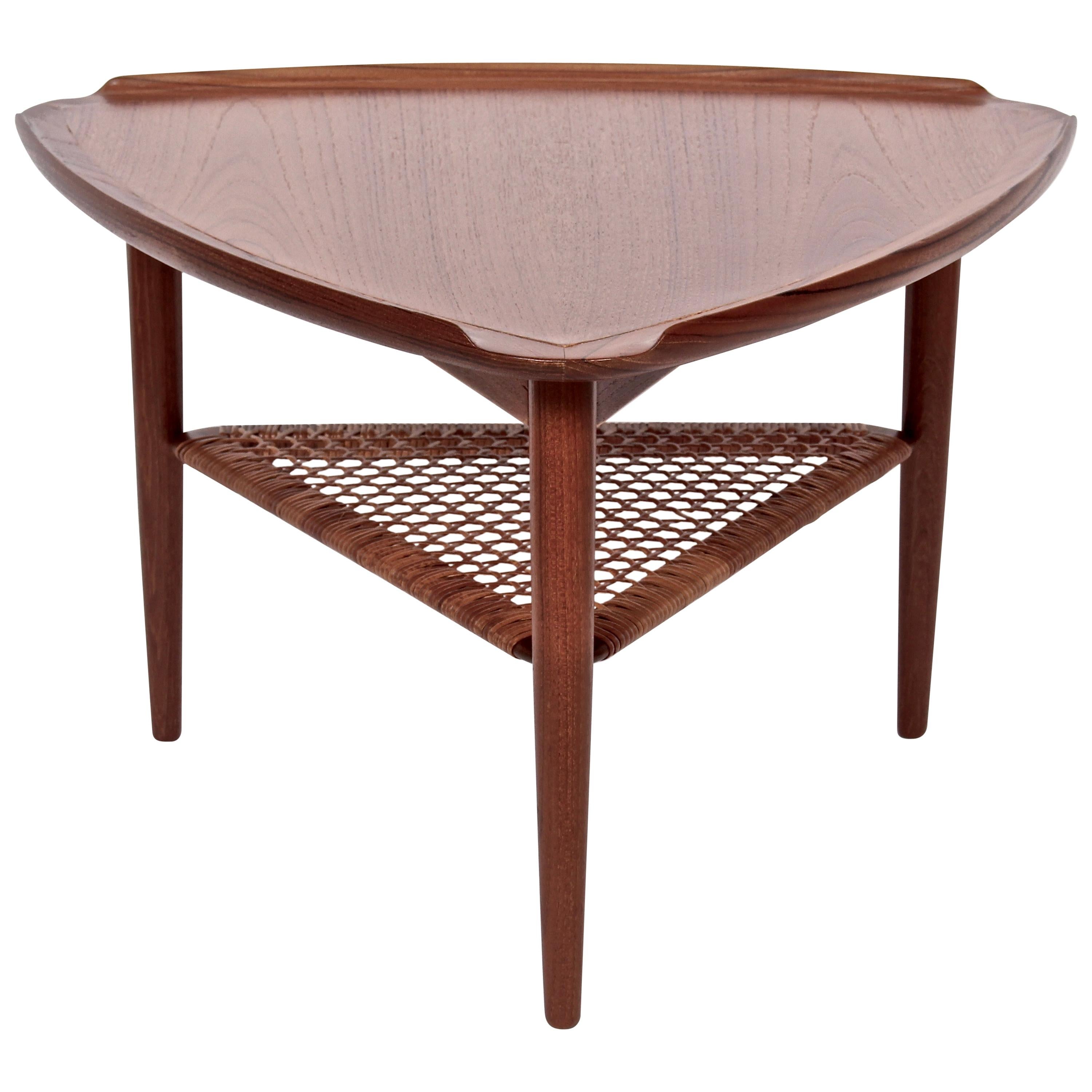 Poul Jensen for Selig Walnut and Woven Rattan Tripod Table, 1960s