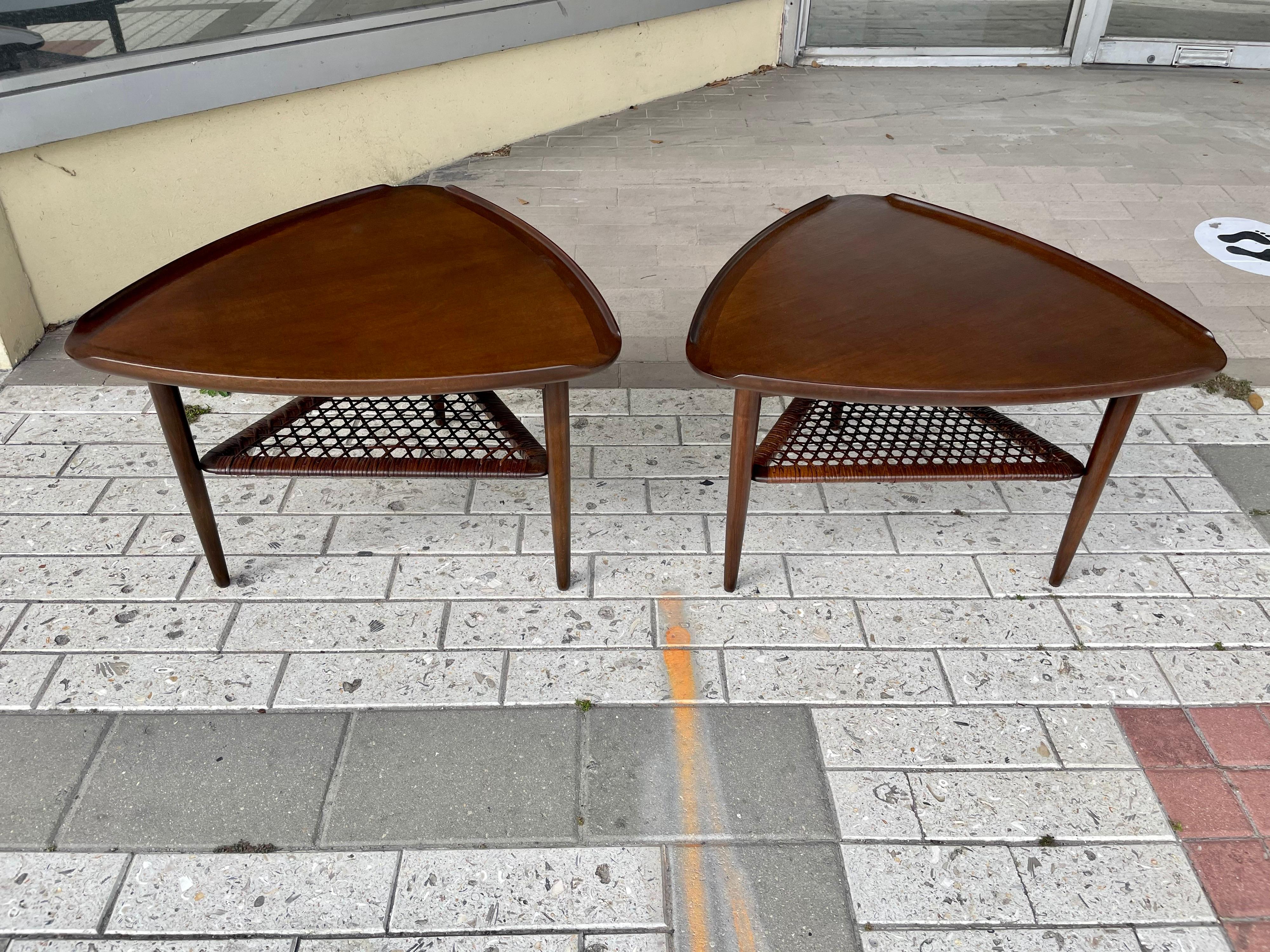 Poul Jensen for Selig Walnut and Woven Cane Guitar Pick Tables, Pair For Sale 4