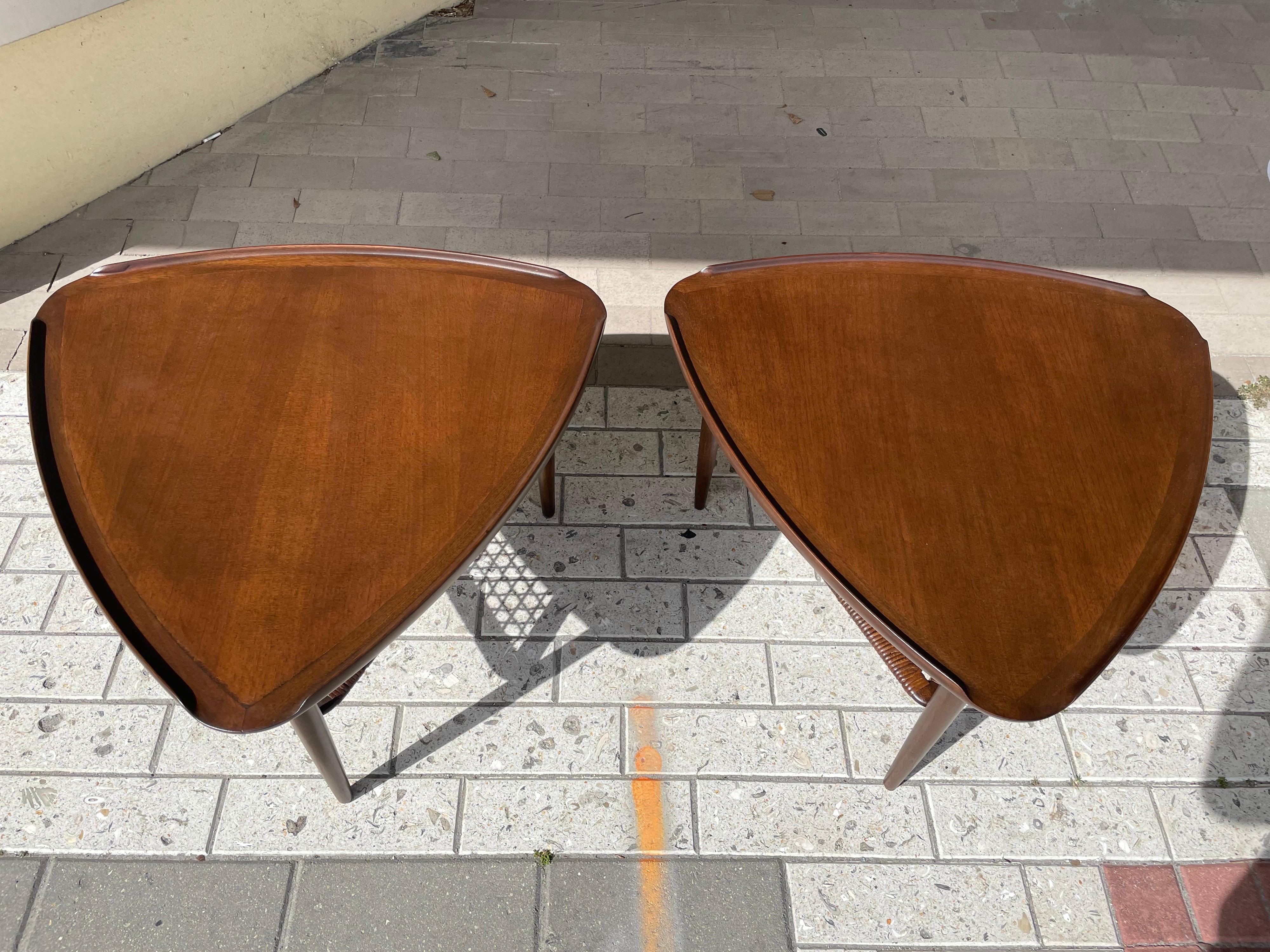 Poul Jensen for Selig Walnut and Woven Cane Guitar Pick Tables, Pair In Good Condition For Sale In East Hampton, NY