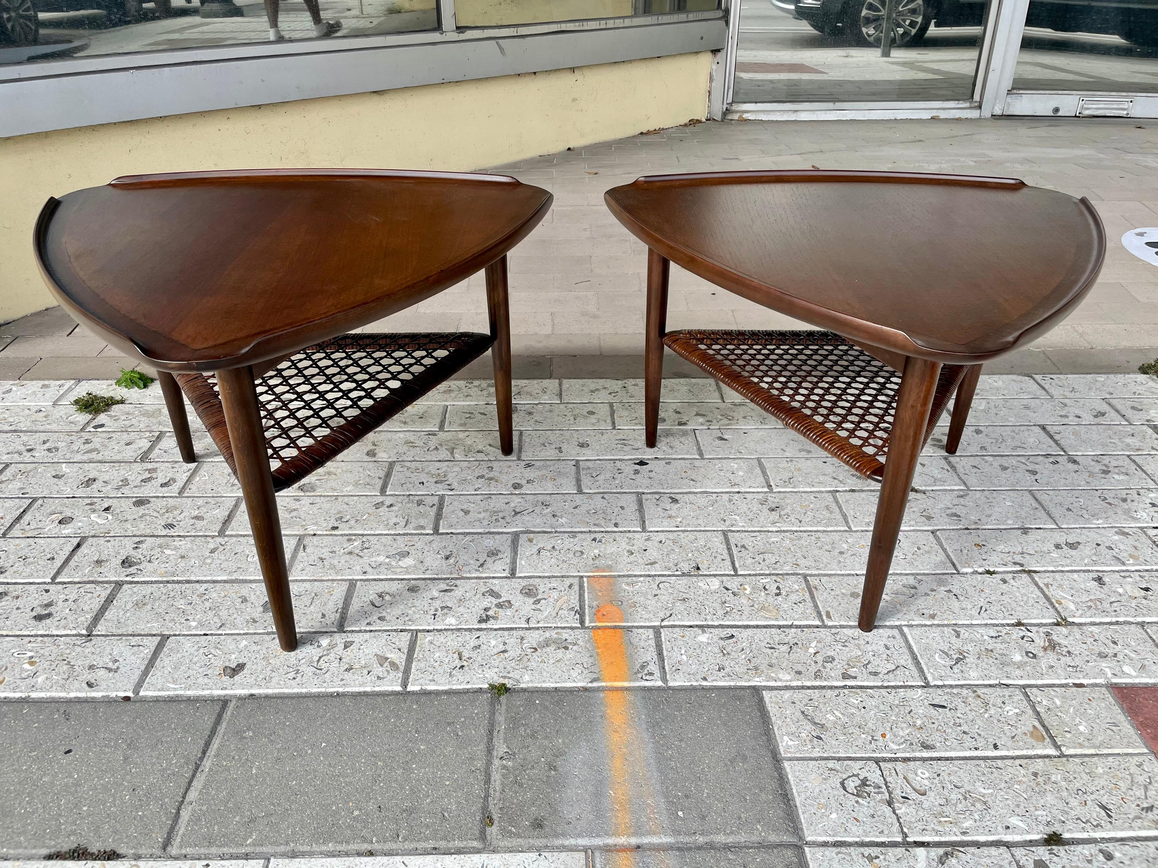 Teak Poul Jensen for Selig Walnut and Woven Cane Guitar Pick Tables, Pair For Sale