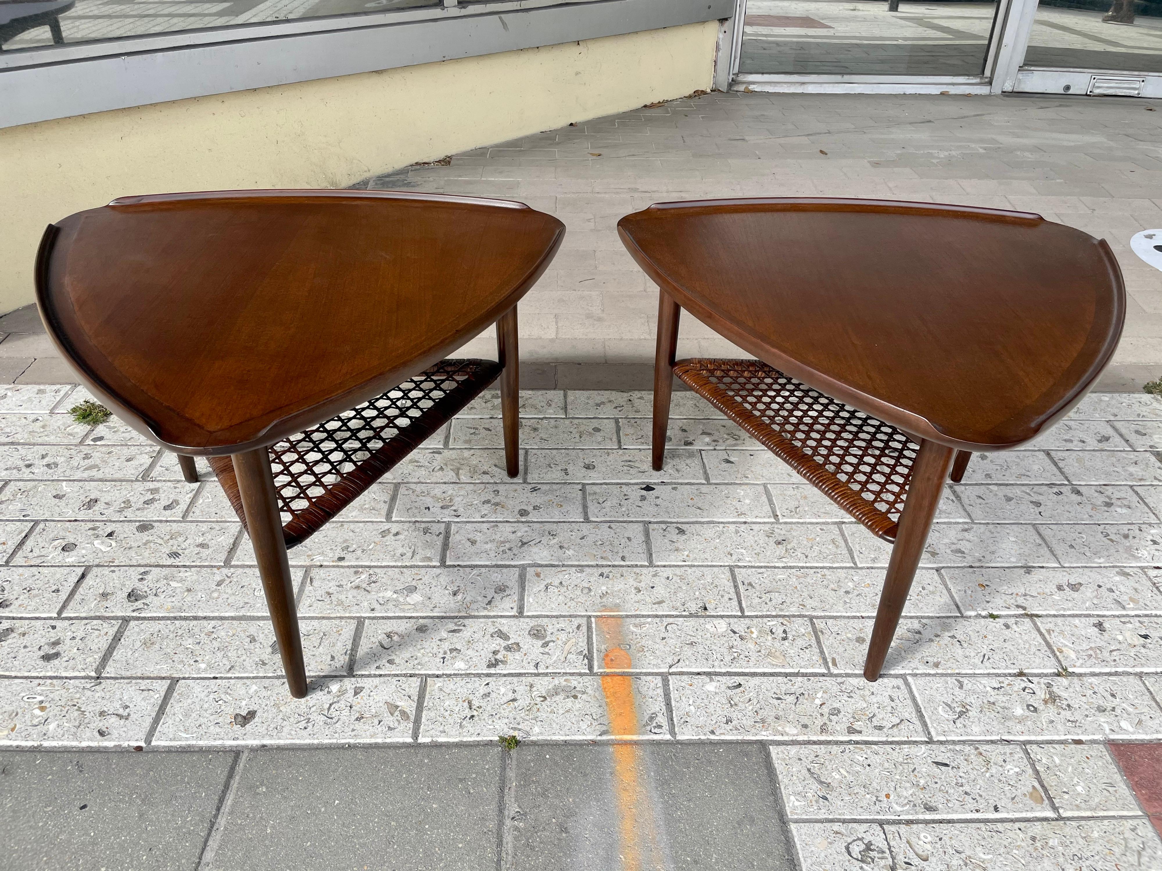 Poul Jensen for Selig Walnut and Woven Cane Guitar Pick Tables, Pair For Sale 3