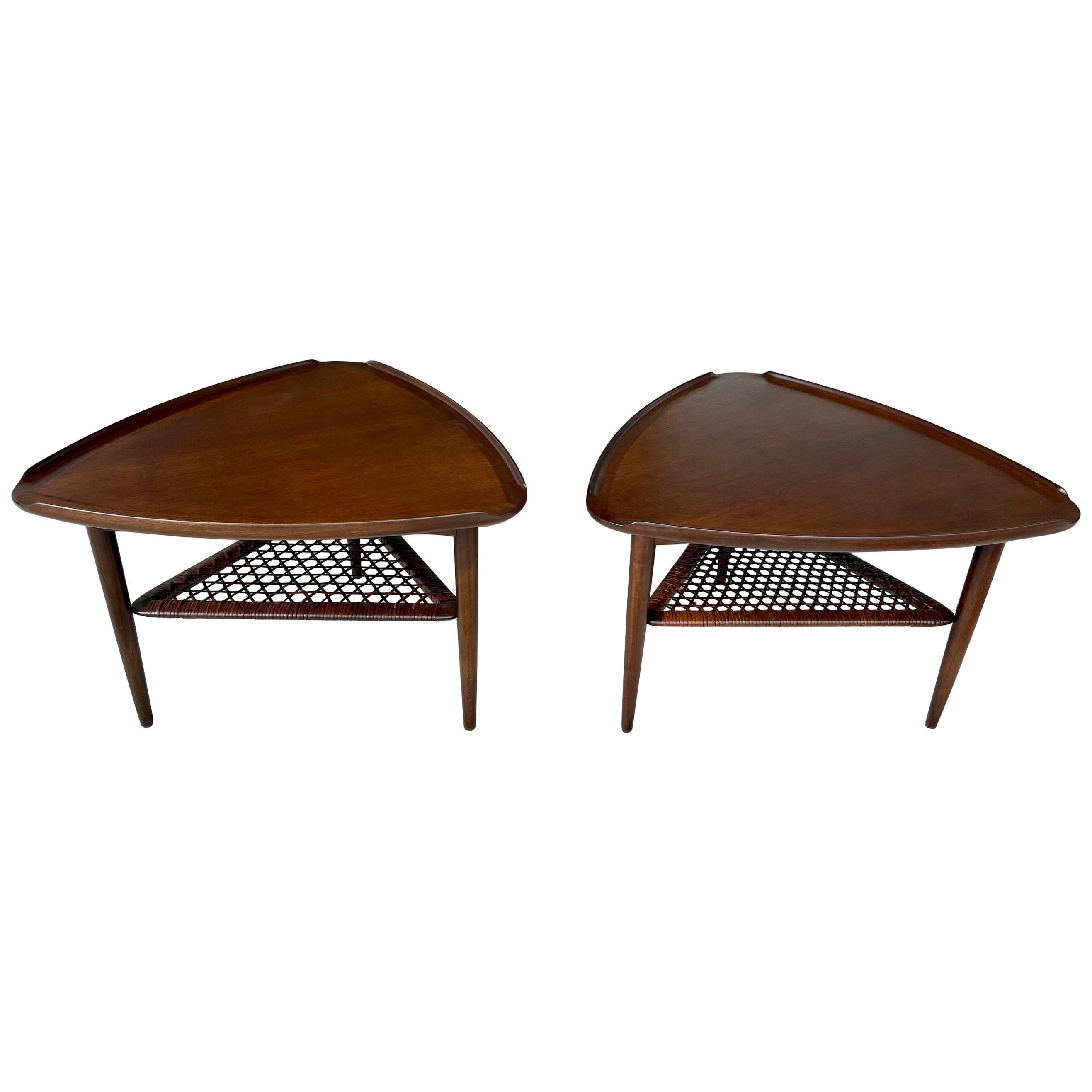 Poul Jensen for Selig Walnut and Woven Cane Guitar Pick Tables, Pair