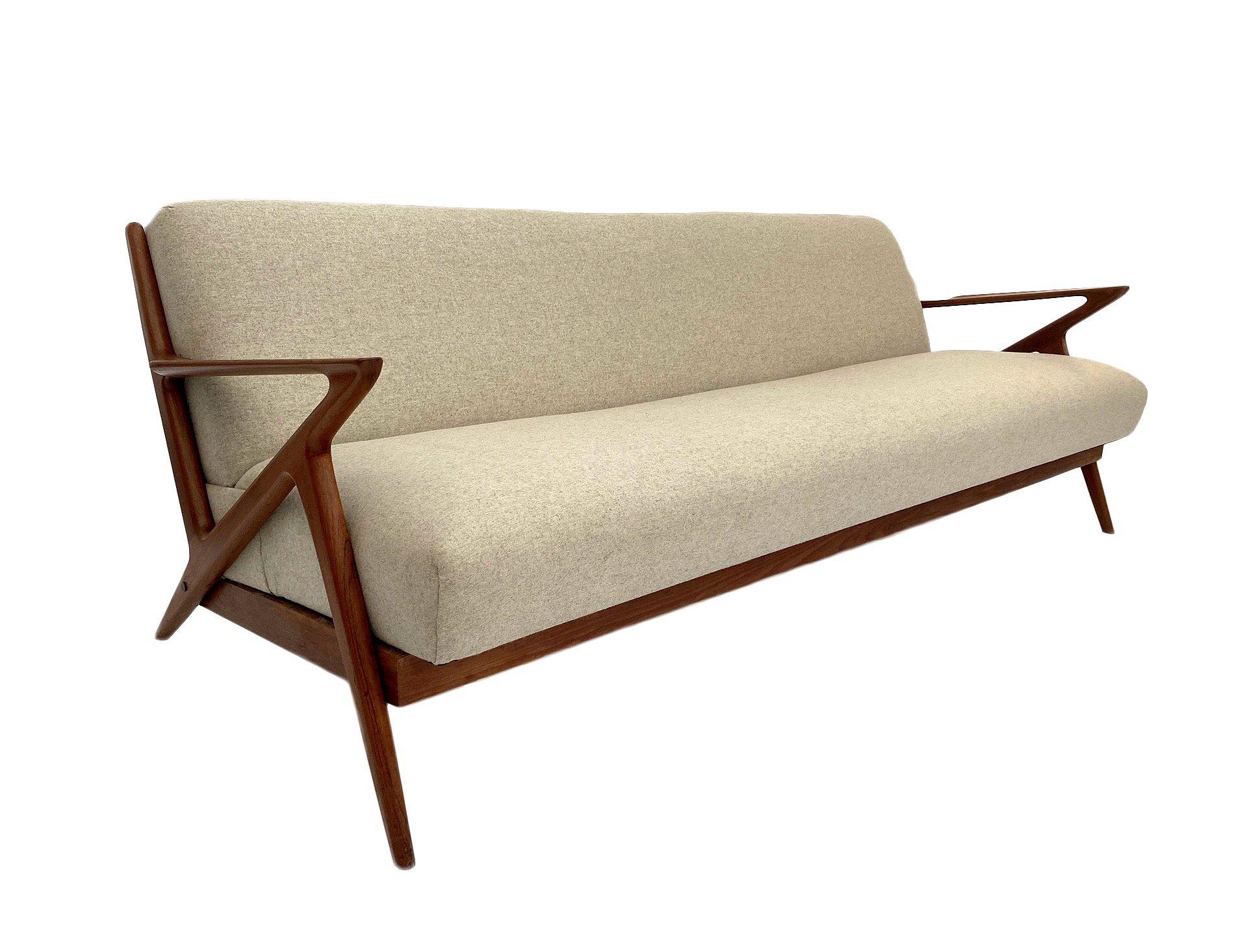 Mid-Century Modern Poul Jensen Model 'Z' Cream Wool and Teak 3 Seater Sofabed for Selig Ope Danish