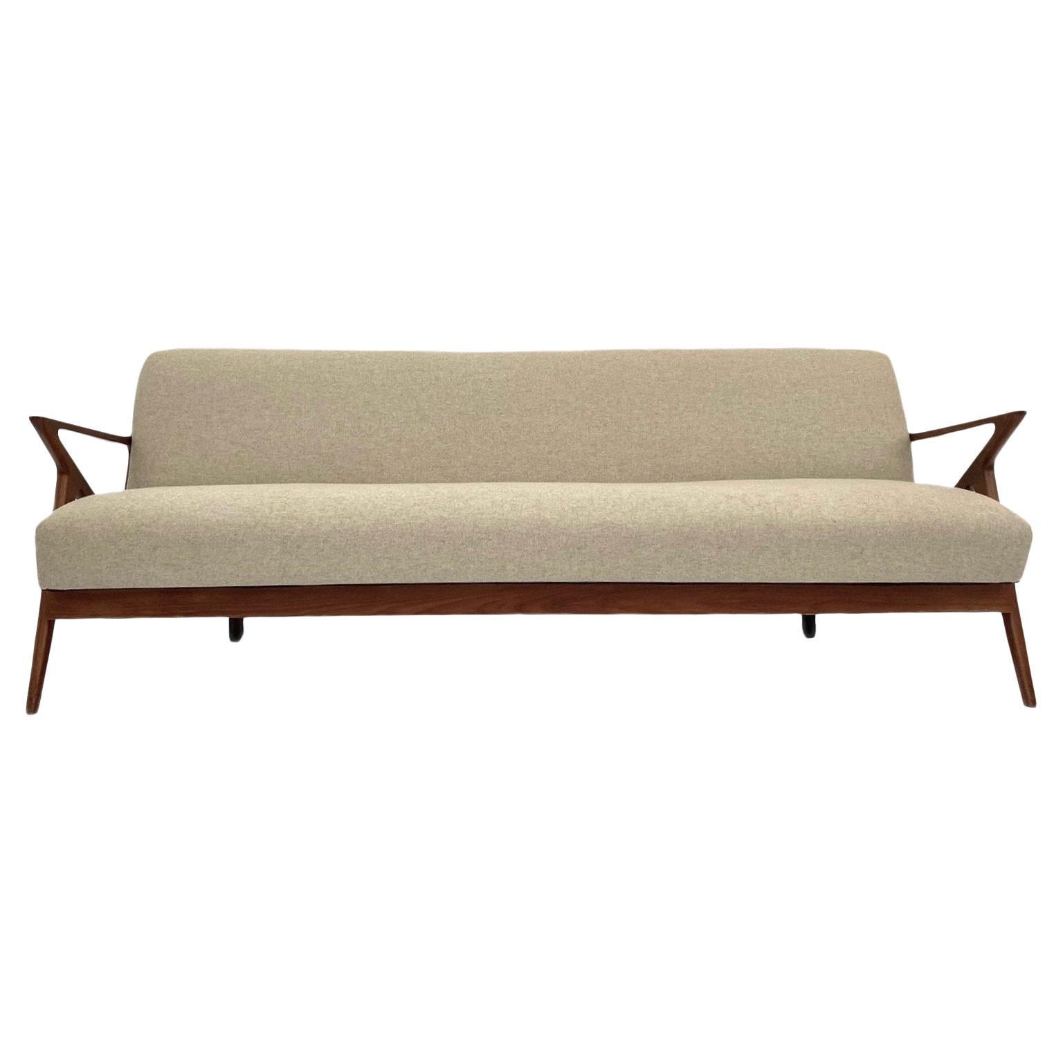 Poul Jensen Model 'Z' Cream Wool and Teak 3 Seater Sofabed for Selig Ope Danish