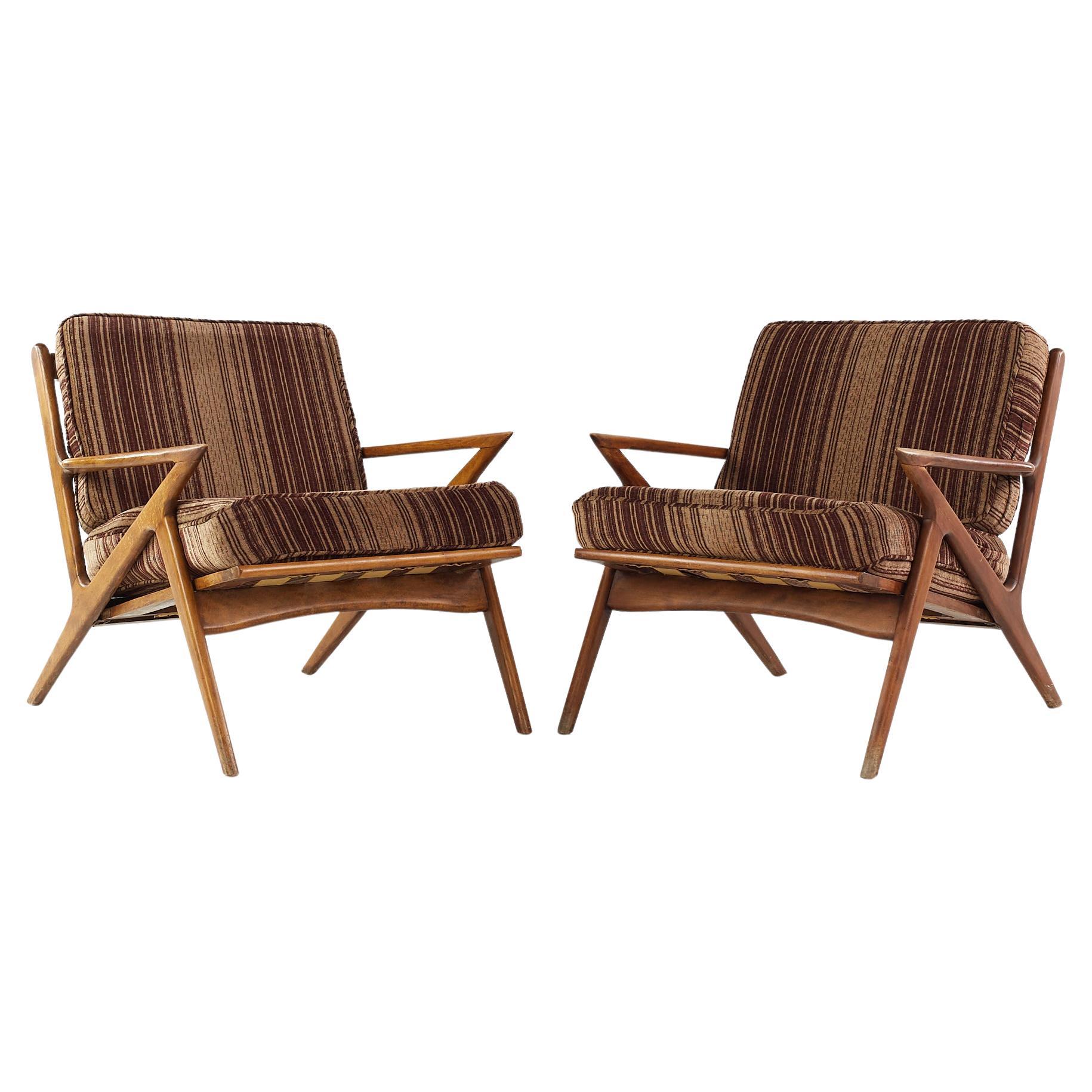 Poul Jensen Style Mid Century Walnut Z Lounge Chairs, Pair