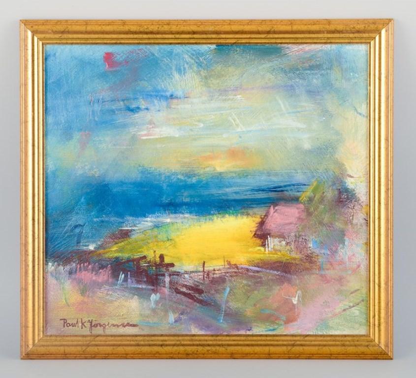 Poul K. Jörgensen, listed Swedish artist, oil on board.
”Landskap m. raps” (Landscape with rapeseed). 
Modernist landscape.
2006.
In perfect condition.
Dimensions: 40.6 cm x 36.4 cm.
Total: 47.5 cm x 43.5 cm.