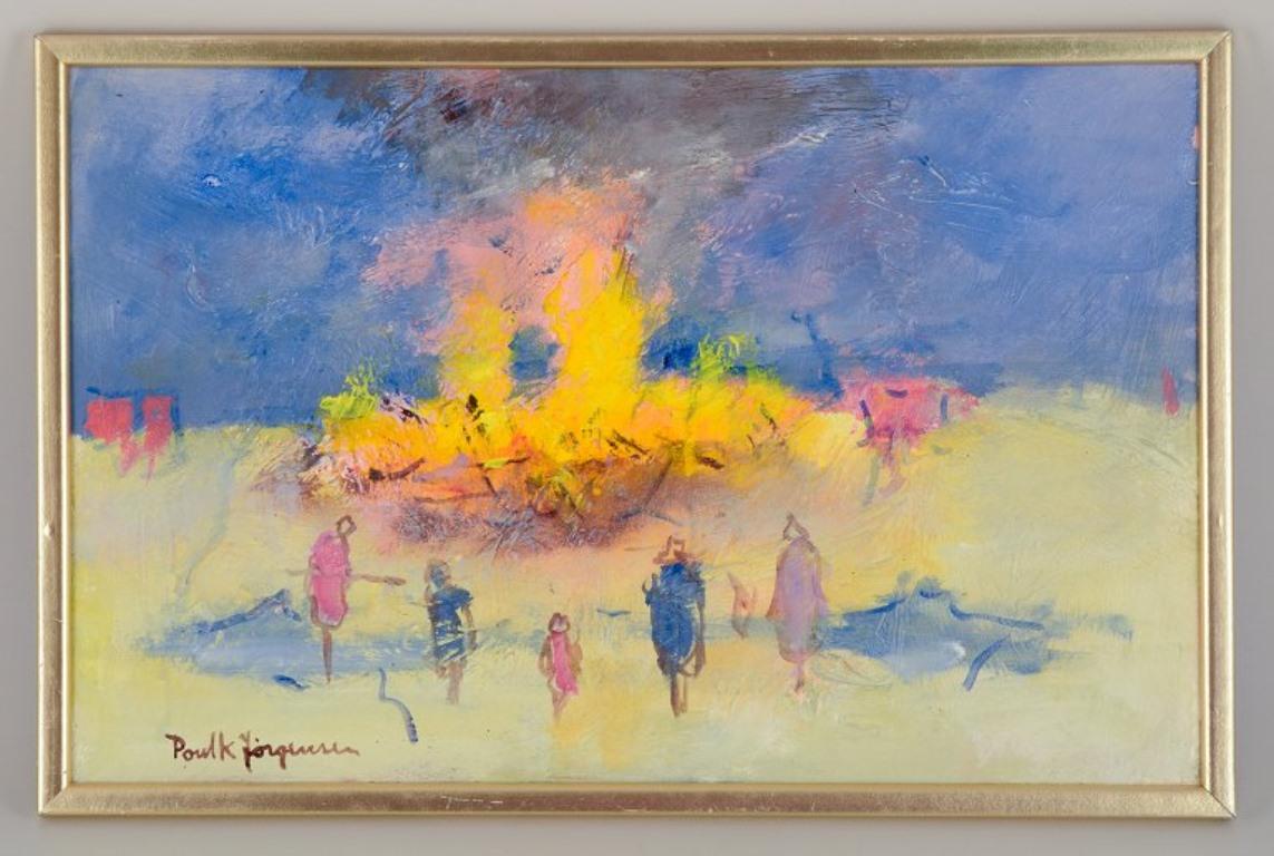 Poul K. Jörgensen (born 1934), Swedish artist. 
Oil on board.
Valborg´s Eve with people by the bonfire. Thick, textured brushstrokes.
Circa 1970.
Signed.
In perfect condition.
Board dimensions: 54.0 cm x 34.5 cm.
Total dimensions: 57.0 cm x 37.5 cm.