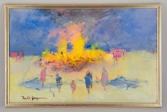 Poul K. Jörgensen. Olio su tavola. Vigilia di Valborg con persone accanto al falò