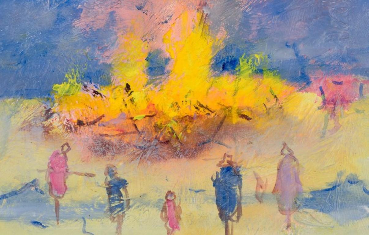 Modern Poul K. Jörgensen.  Oil on board. Valborg´s Eve with people by the bonfire For Sale