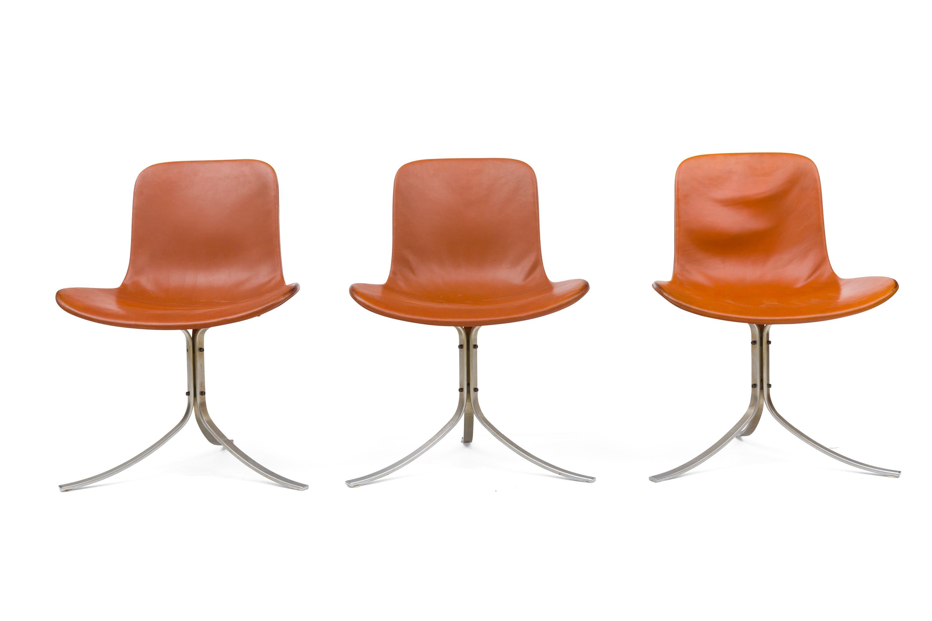 A set of six PK 9 chairs with a wonderful patina, upholstered in brown leather with chromed steel frames. Marked with E. Kold Christensen's logo.