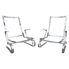 Poul Kjaerholm Attributed Flat Bar Steel Chrome Lounge Chairs - A Pair