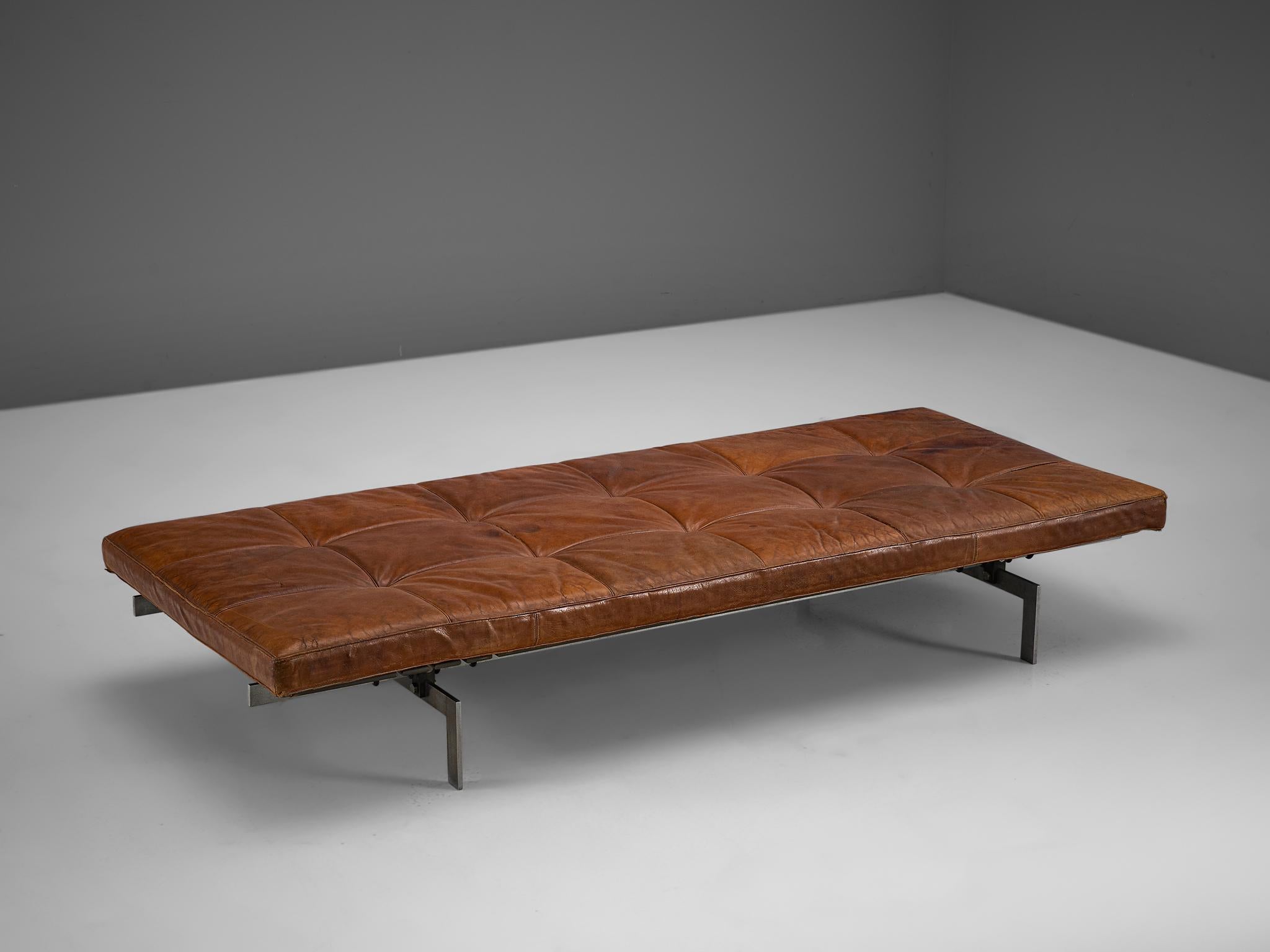 Poul Kjærholm for E. Kold Christensen, PK80 daybed, leather and stainless steel, Denmark, 1957.

This stunning, patinated PK80 daybed is designed by Poul Kjaerholm in 1957. The chosen materials are typical for Poul Kjaerholm as he embraced