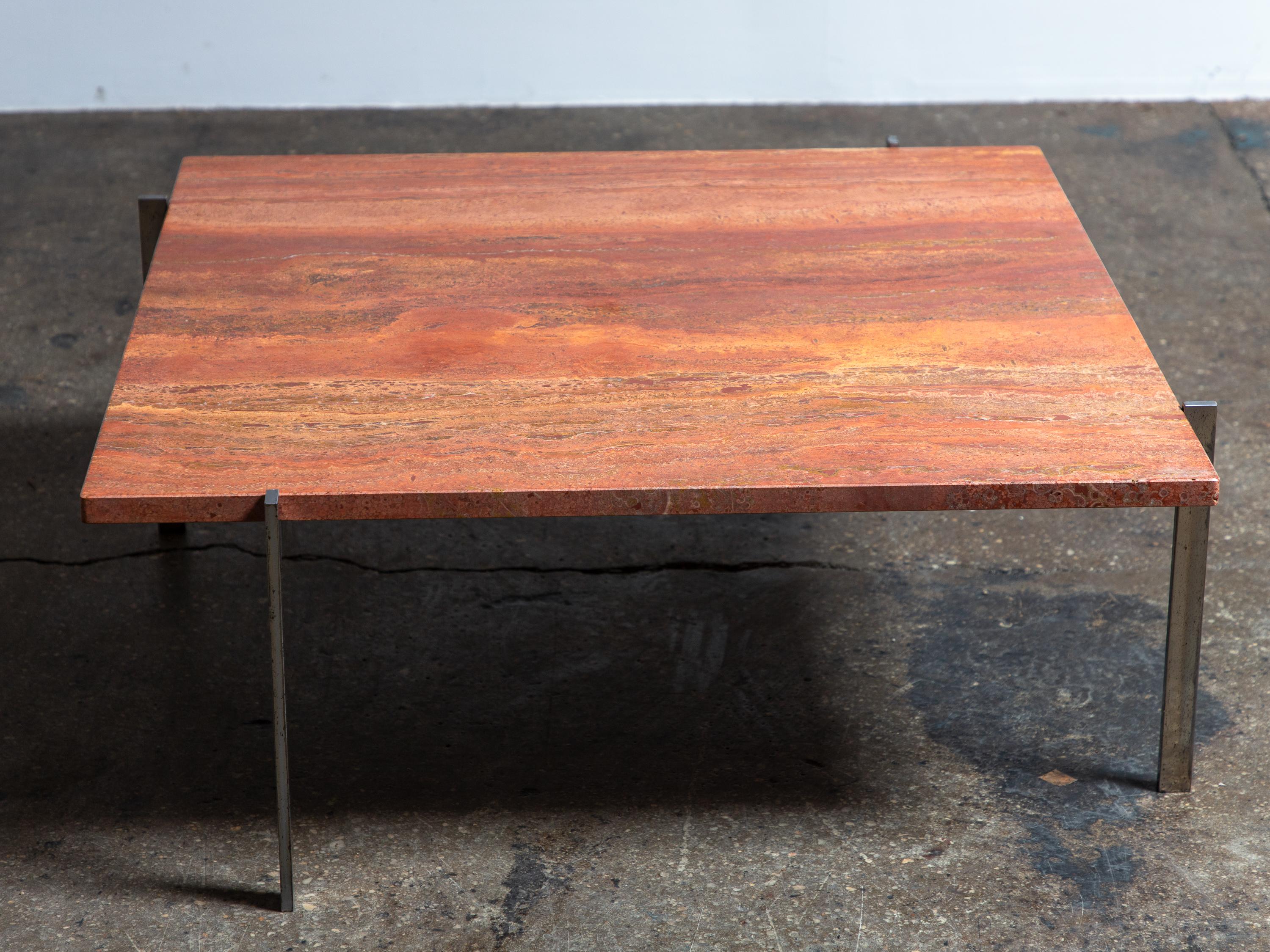 Brushed Poul Kjaerholm E. Kold Christensen PK61 Travertine Stone Coffee Table For Sale