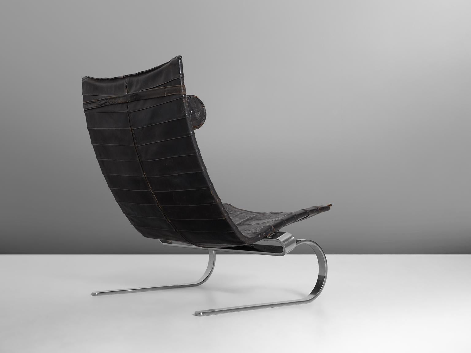 Mid-Century Modern Poul Kjærholm Early PK20 Lounge Chair in Patinated Black Leather
