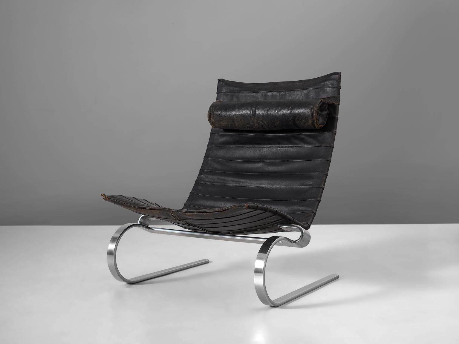 Mid-20th Century Poul Kjærholm Early PK20 Lounge Chair in Patinated Black Leather