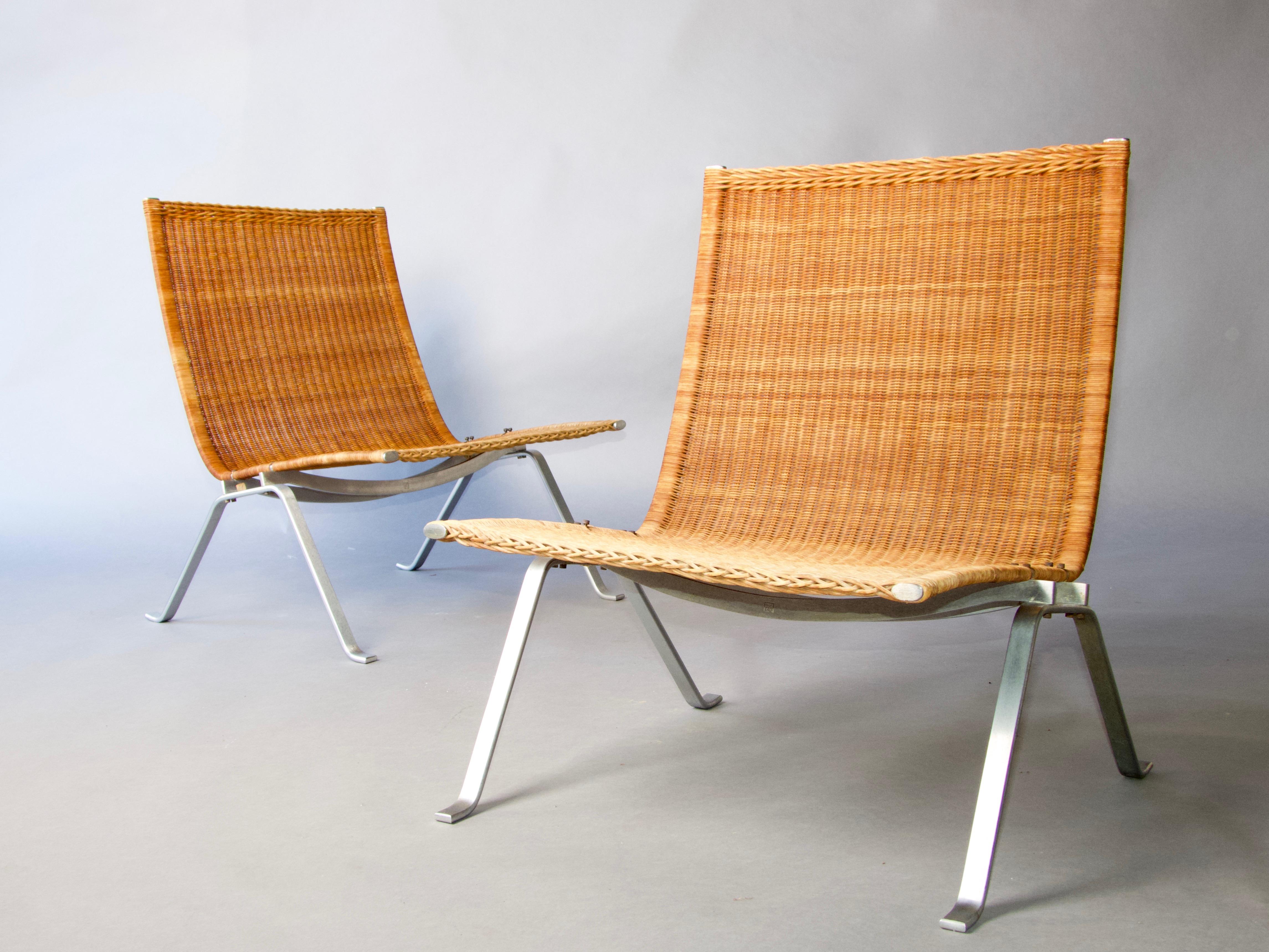 Rare pair of easy chairs model PK-22 designed by Poul Kjærholm. Produced by E. Kold Christensen in Denmark.