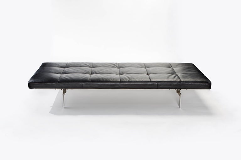 A fine collectors example in impeccable showroom condition of an early production original of the PK-80 Daybed by Poul Kjærholm for E. Kold Christensen, with original steel frame, double signed with the EKC logo engraved in two different sections of