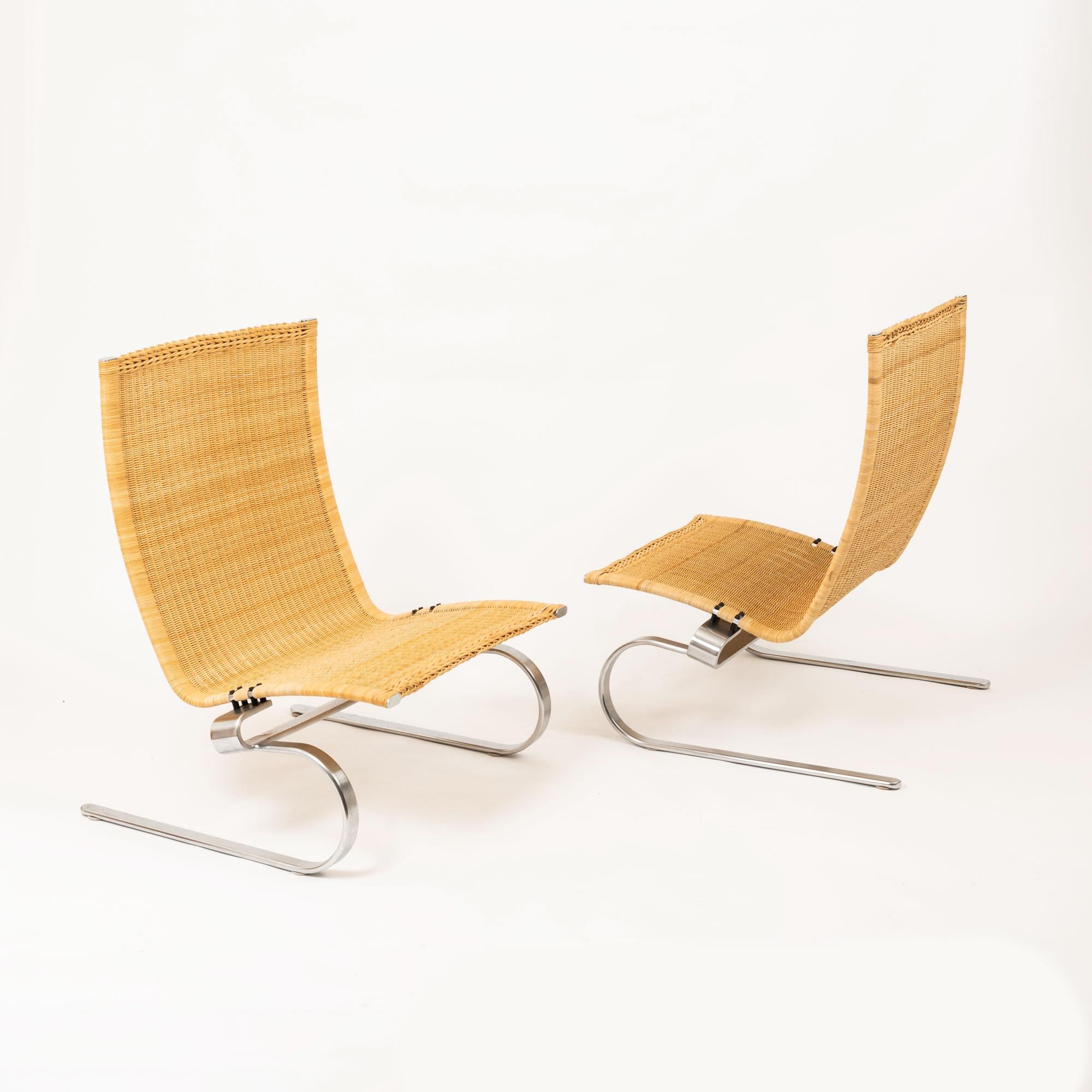 The PK20 is an elegant chair designed for relaxation by Poul Kjærholm. Handcrafted in wicker, the chair is woven over a flexible matt chromed spring steel frame. Poul Kjærholm was a trained cabinetmaker and studied under mid-century modern legends