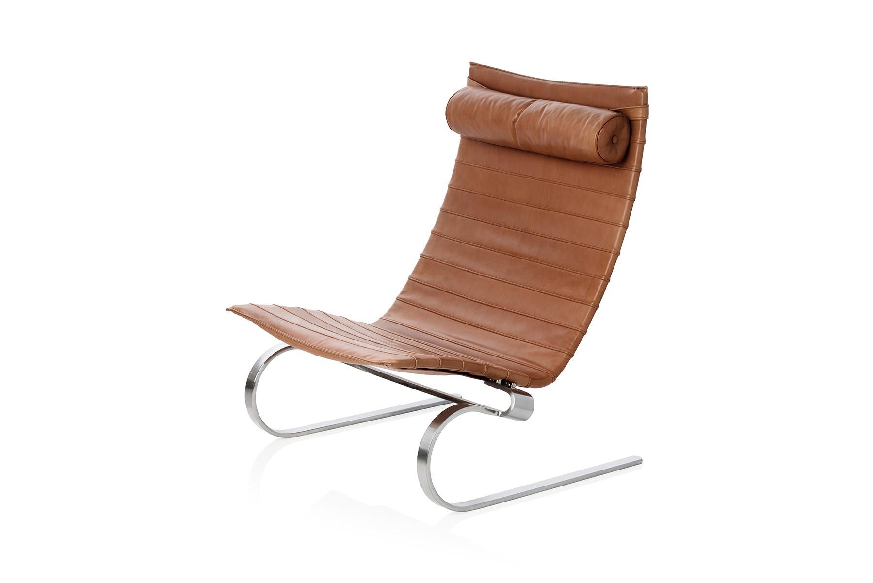 PK20 is a laidback and elegant lounge chair. PK20 is built upon a flexible matt chromed spring steel frame. The original idea for the chair was to use the excess leather strips from the production of other leather furniture to optimize production.
