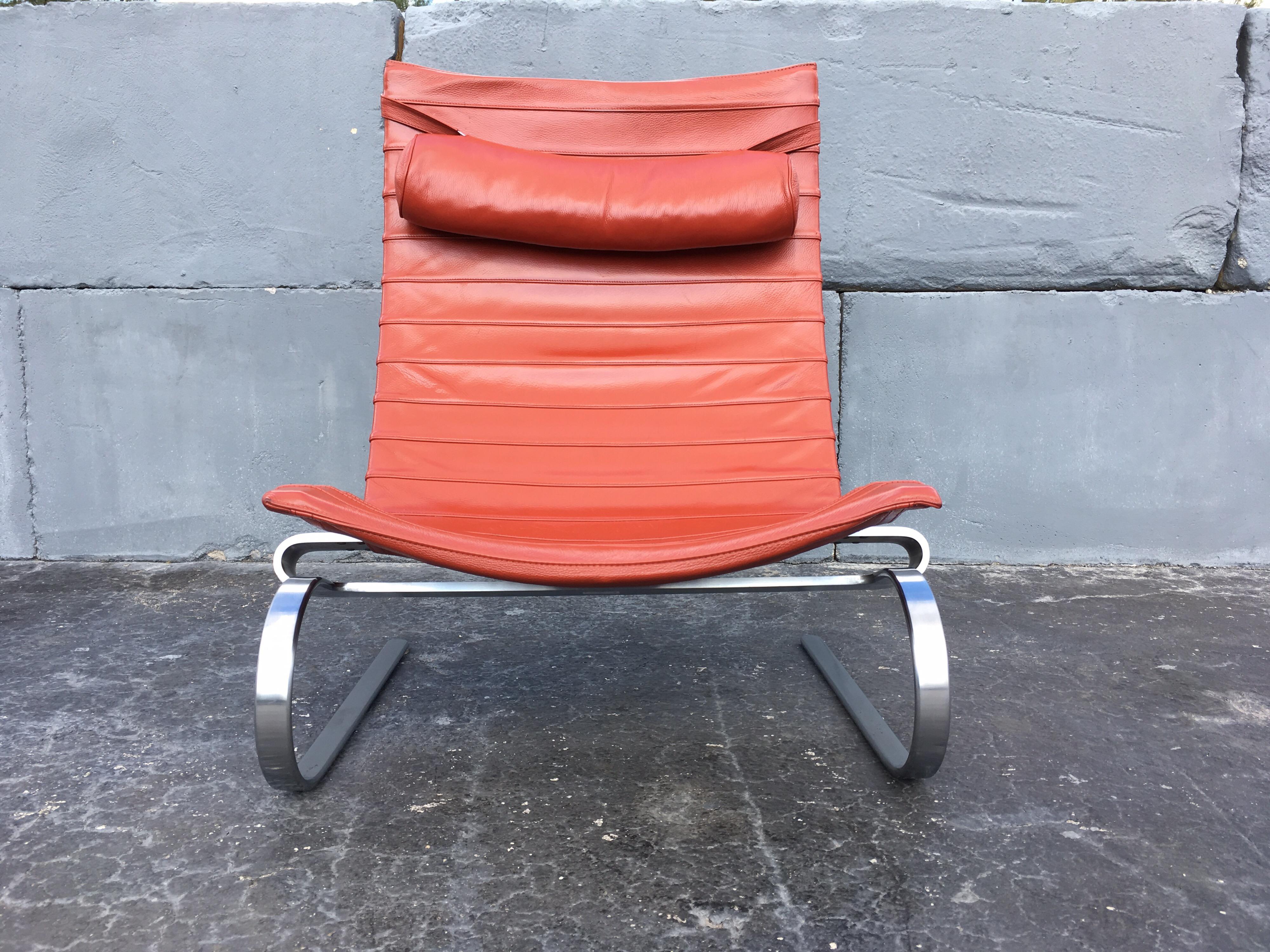 Poul Kjaerholm PK 20 Lounge Chair Red Orange Leather In Good Condition In Miami, FL