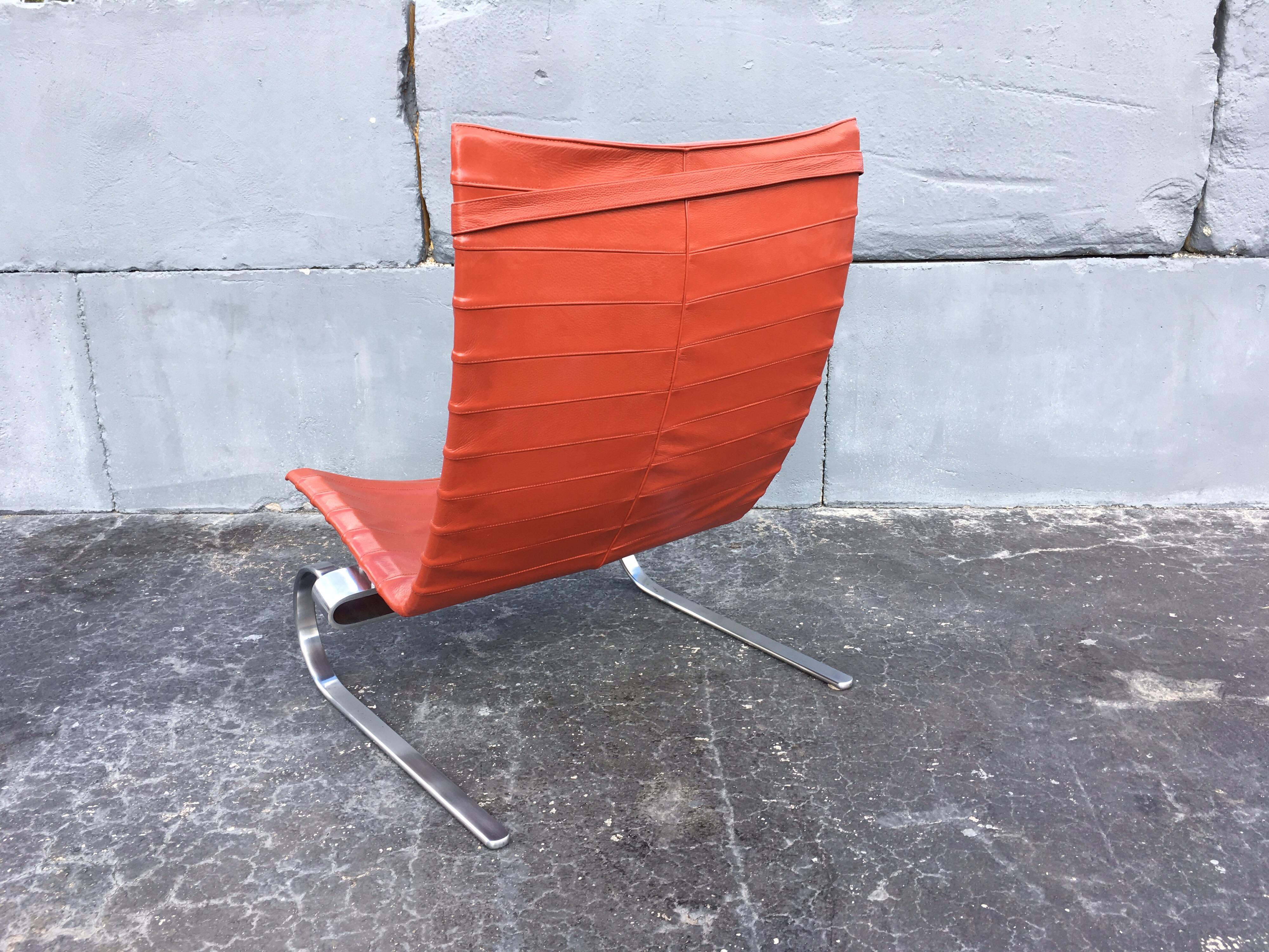 Contemporary Poul Kjaerholm PK 20 Lounge Chair Red Orange Leather