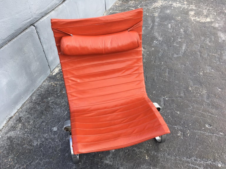 Steel Poul Kjaerholm PK 20 Lounge Chair Red Orange Leather For Sale